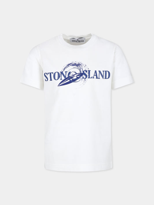 T-shirt bianca per bambino con logo e tavola da surf,Stone Island Junior,801621073 V0001
