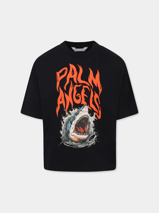 T-shirt nera per bambino con squalo e logo
