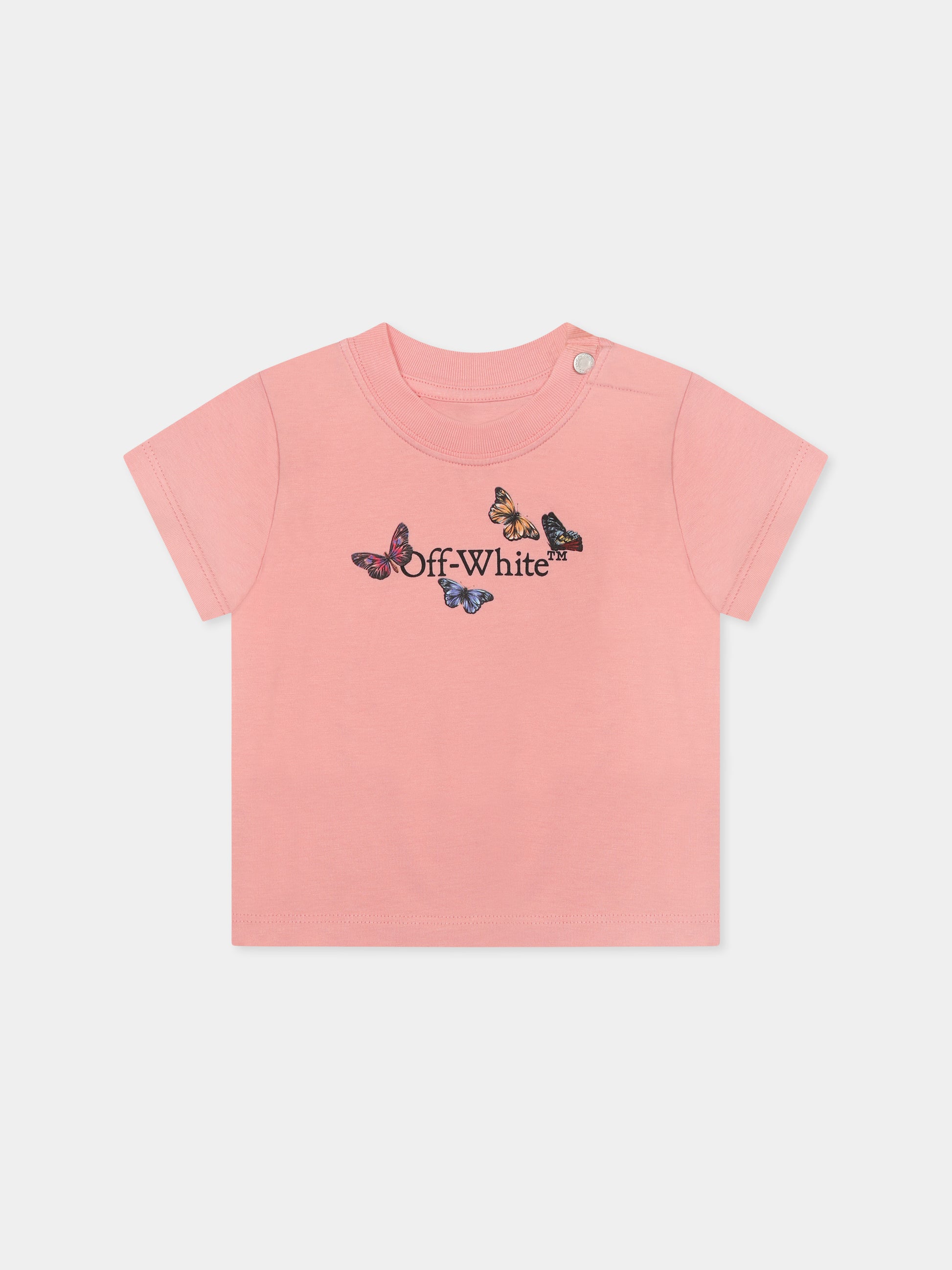 T-shirt rosa per neonata con logo e farfalle,Off White,OGXB001S25JER0023010