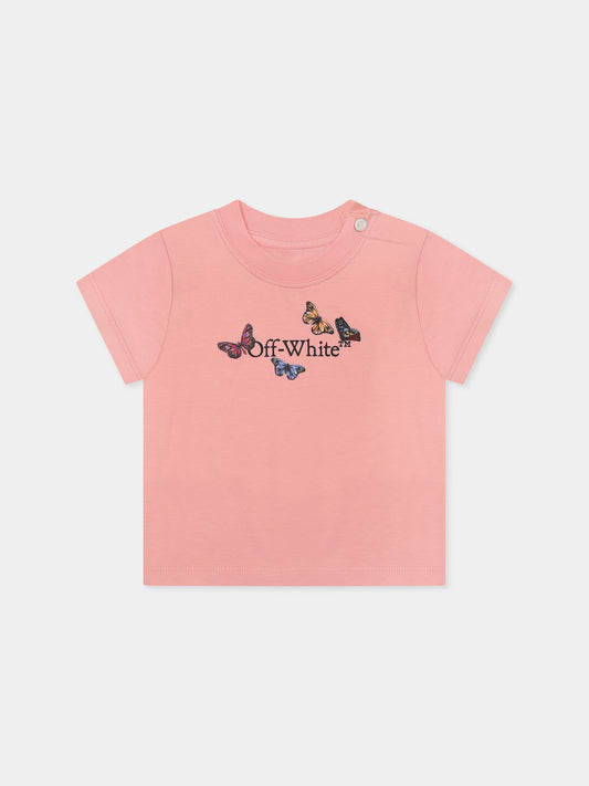 T-shirt rosa per neonata con logo e farfalle,Off White,OGXB001S25JER0023010