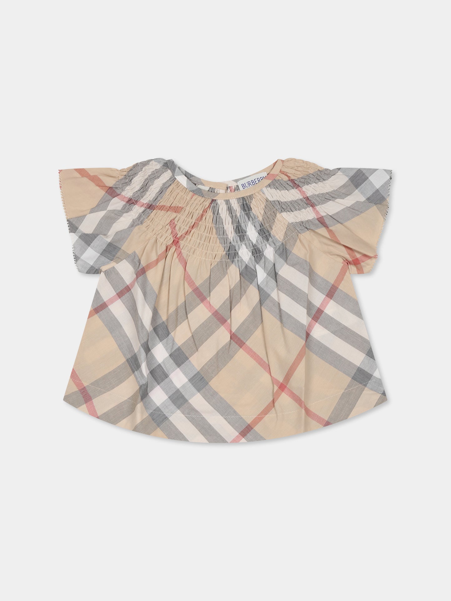 Top beige per neonata con check vintage
