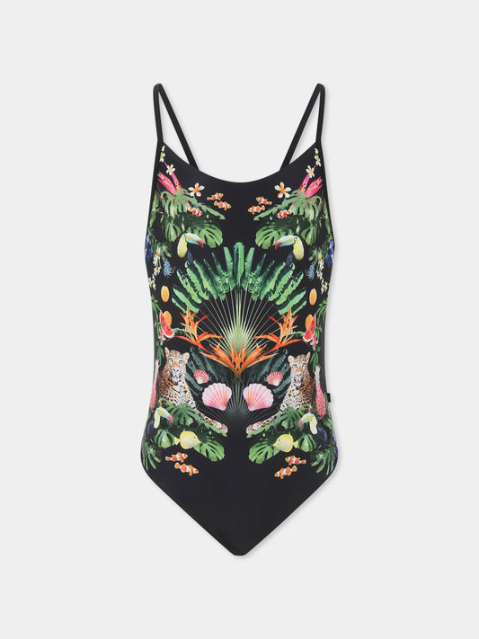 Costume intero nero Nanna per bambina con stampa leopardi