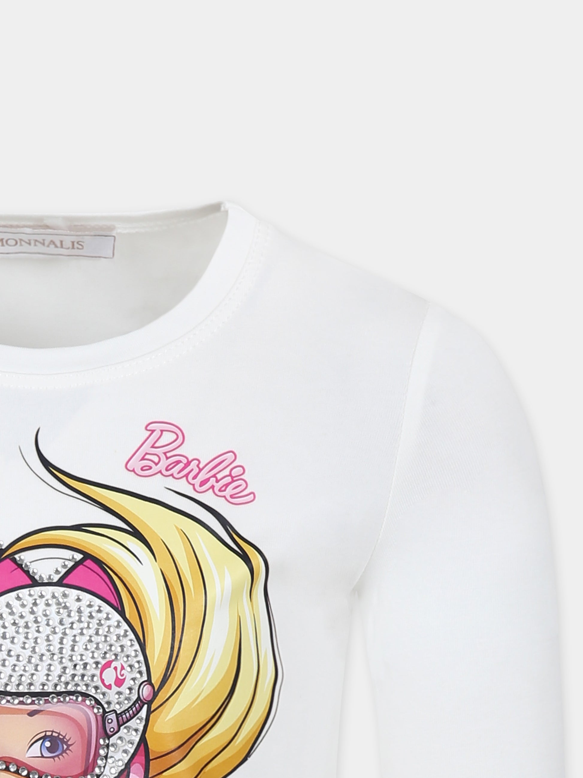 T-shirt avorio per bambina con Barbie e strass,Monnalisa,19D646 4006 0001