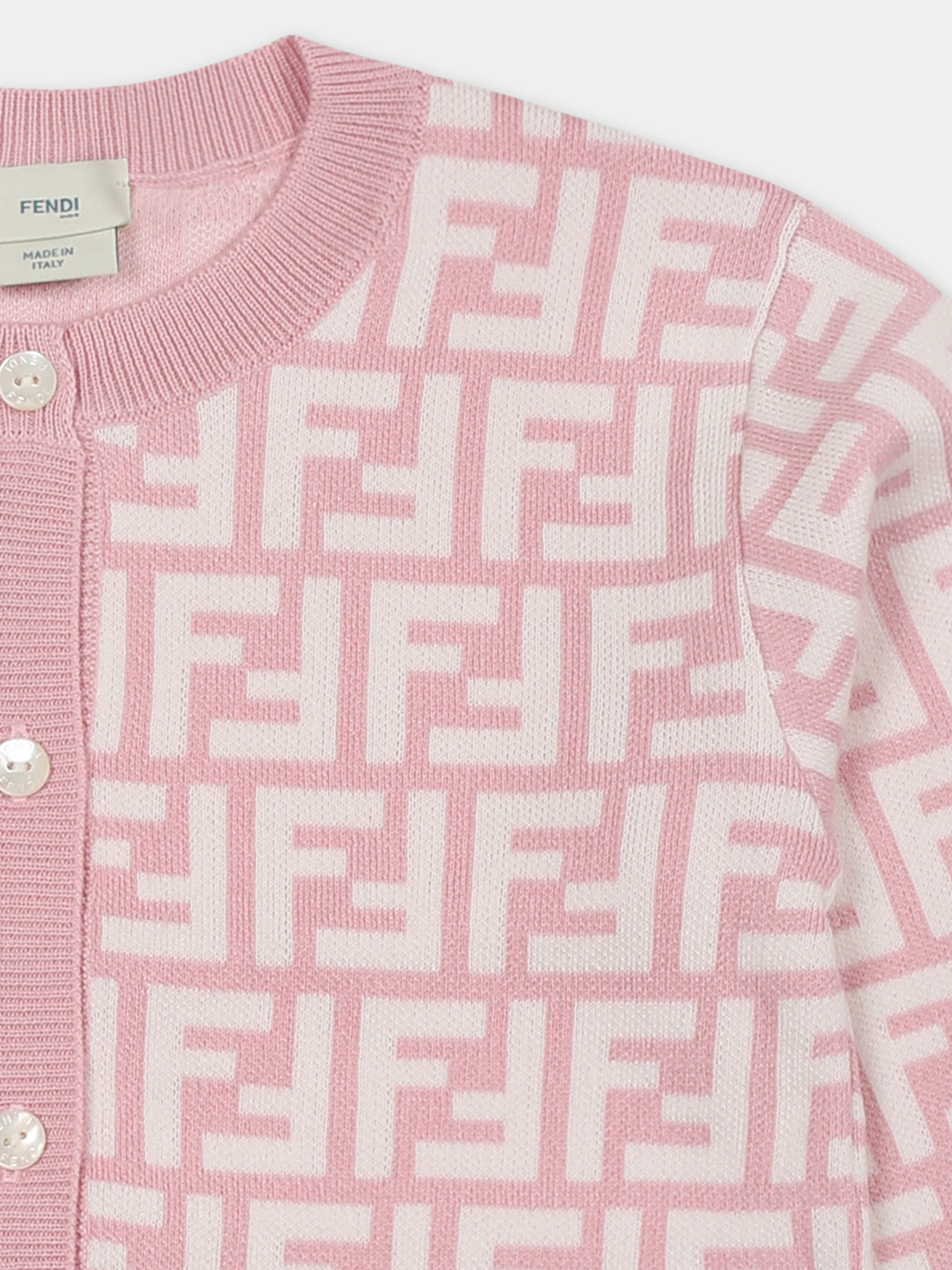 Cardigan rosa per neonata con iconica FF all over,Fendi Kids,BFG080 AQUH F1R4T