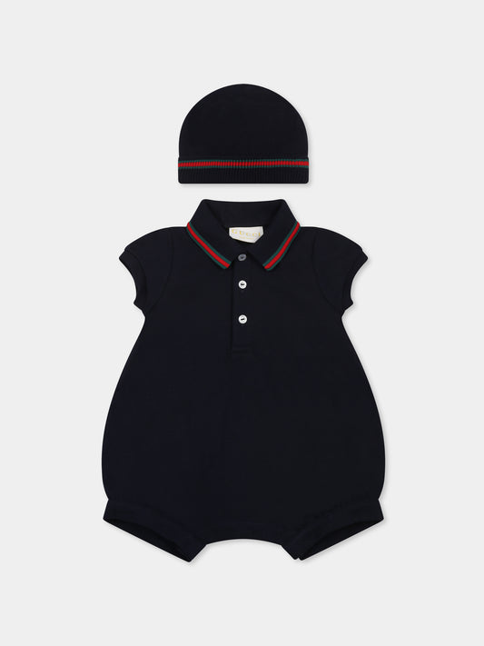Set pagliaccetto blu per neonato con dettaglio Web,Gucci Kids,810978 XJGXV 4306