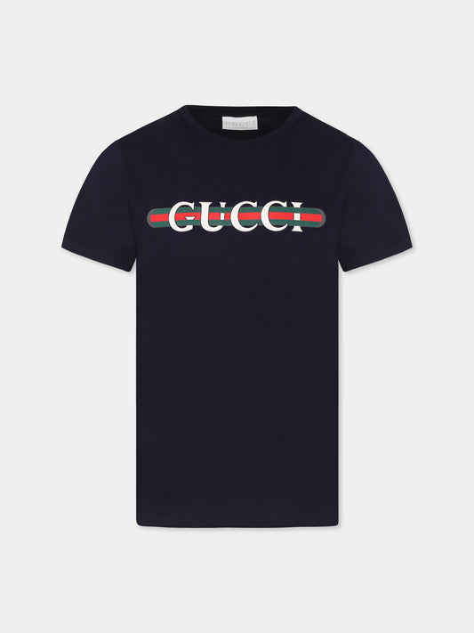 T-shirt blu per bambini con logo,Gucci Kids,561651 XJGPI 4392