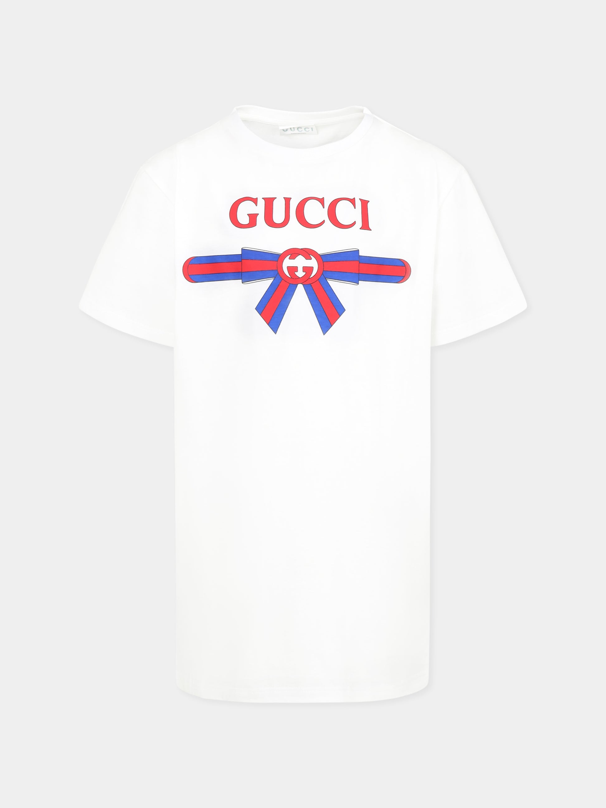 T-shirt bianca per bambina con incrocio GG e fiocco Web,Gucci Kids,610190 XJG0K 9214