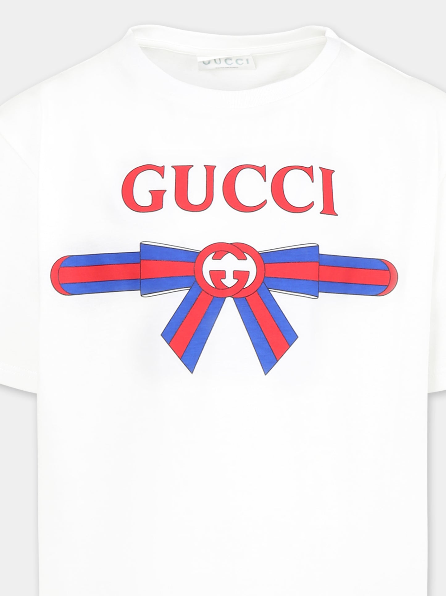T-shirt bianca per bambina con incrocio GG e fiocco Web,Gucci Kids,610190 XJG0K 9214
