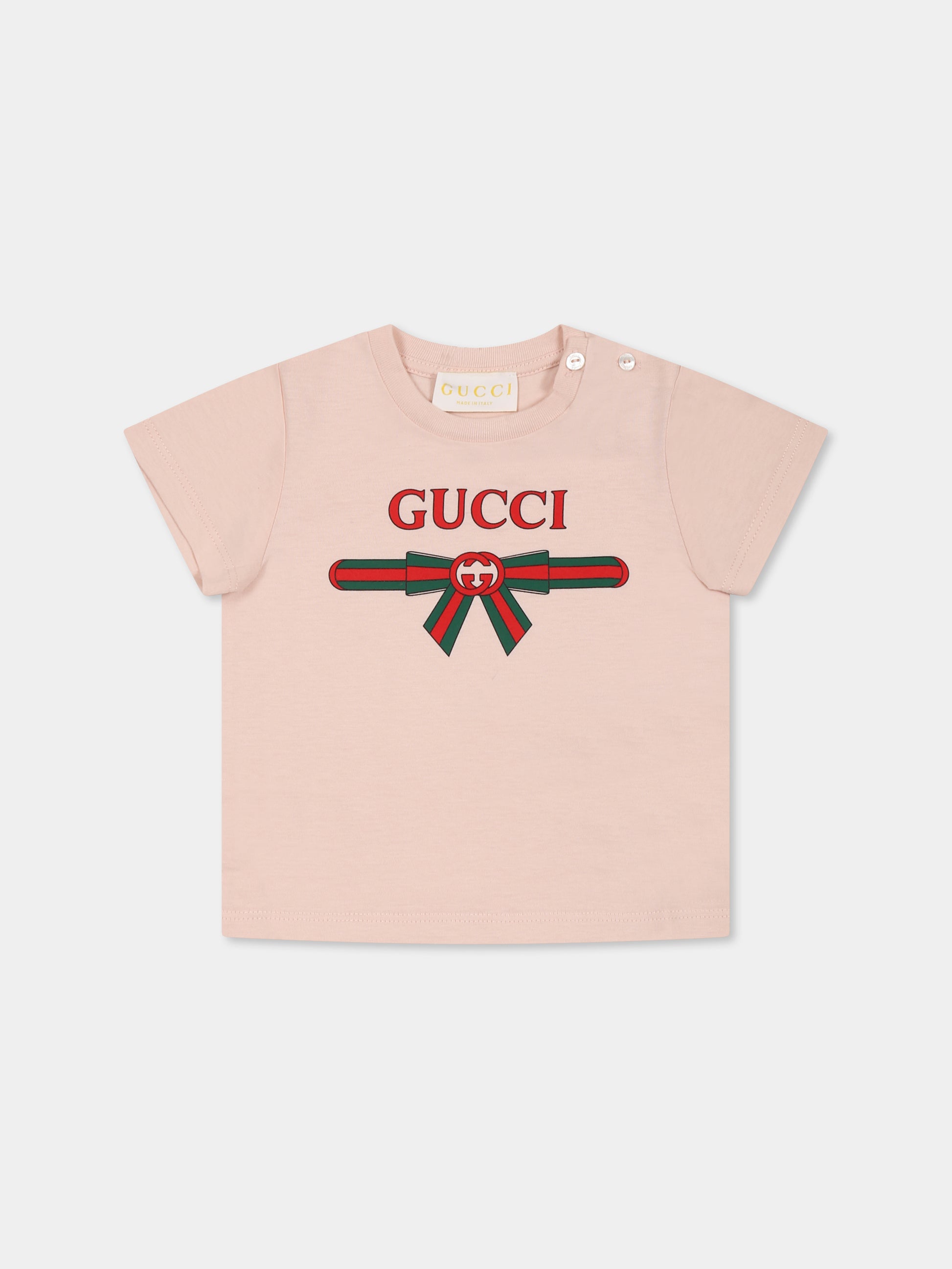 T-shirt rosa per neonata con incrocio GG e fiocco Web,Gucci Kids,555675 XJG6C 6341