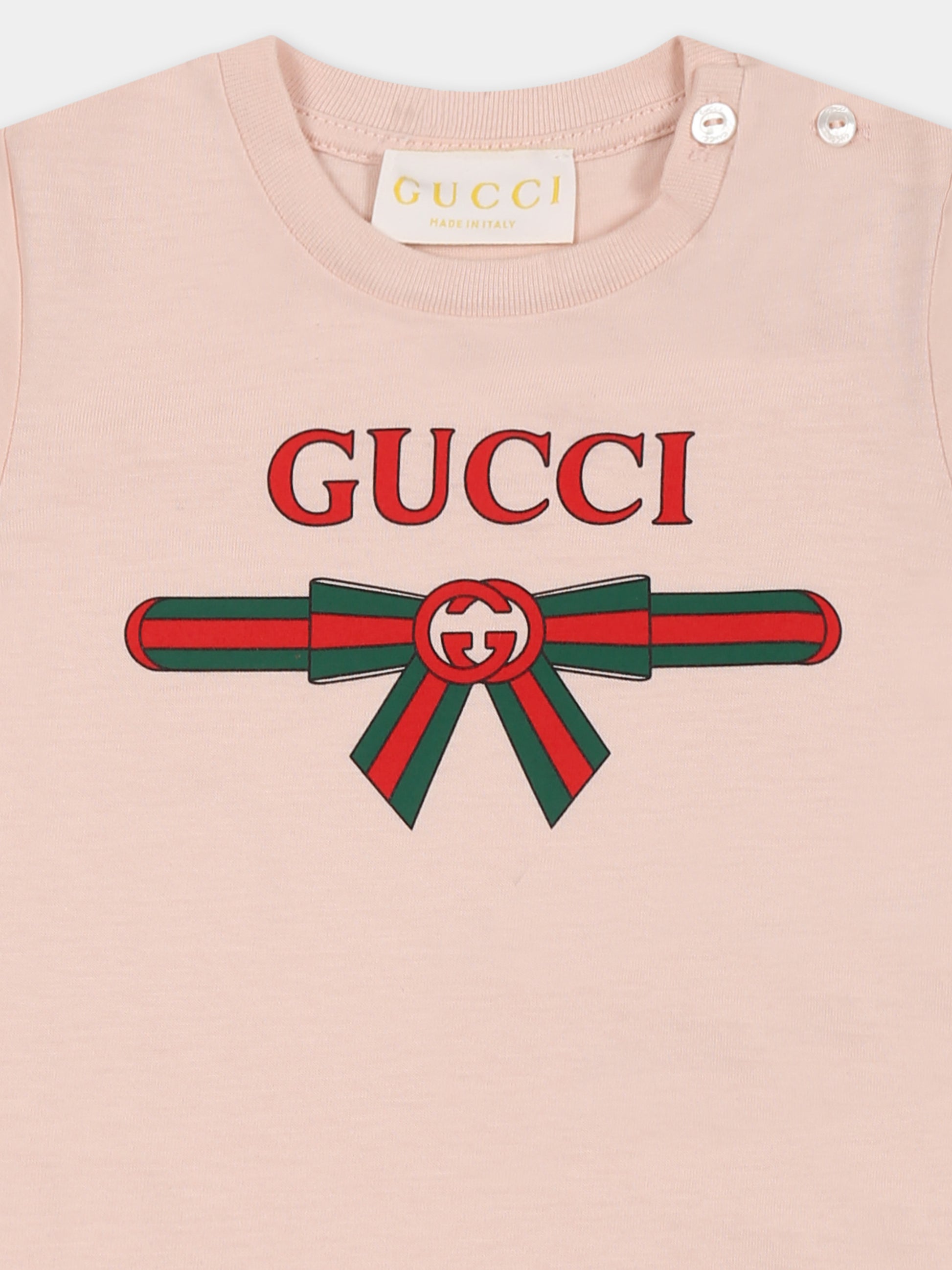 T-shirt rosa per neonata con incrocio GG e fiocco Web,Gucci Kids,555675 XJG6C 6341