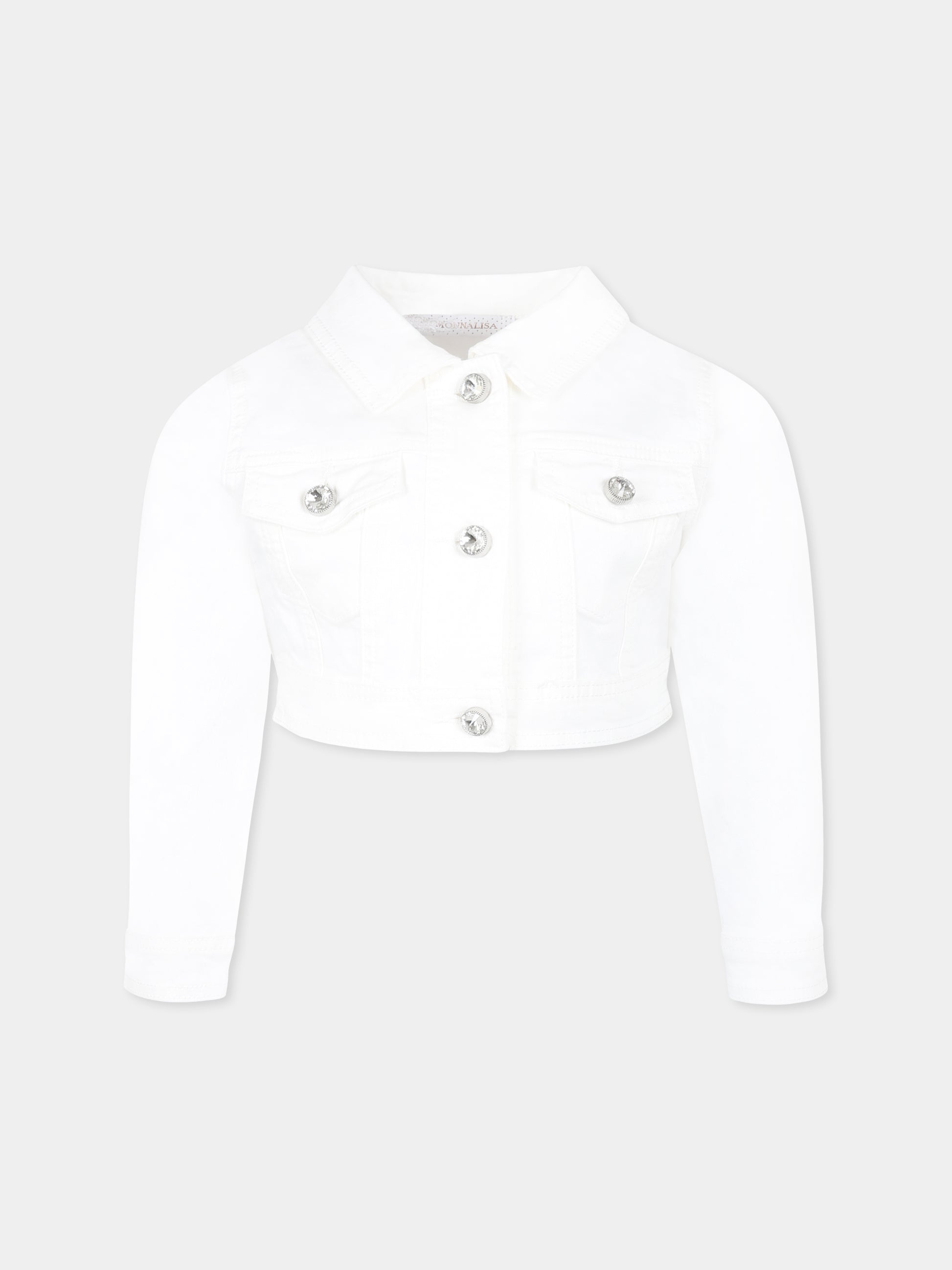 Giubbotto di jeans crop bianco per bambina con cristalli,Monnalisa,79E101 5021 0001