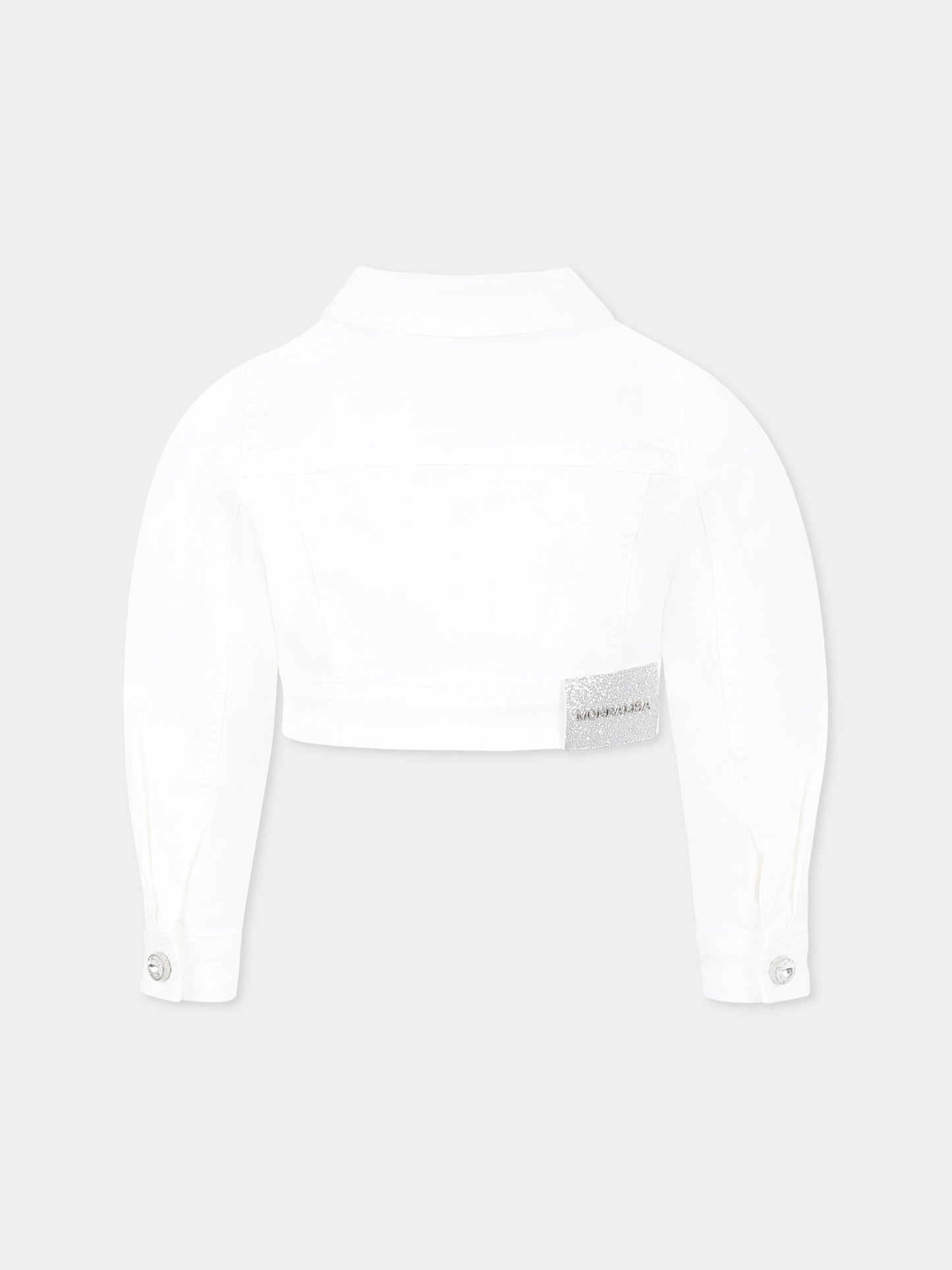 Giubbotto di jeans crop bianco per bambina con cristalli,Monnalisa,79E101 5021 0001