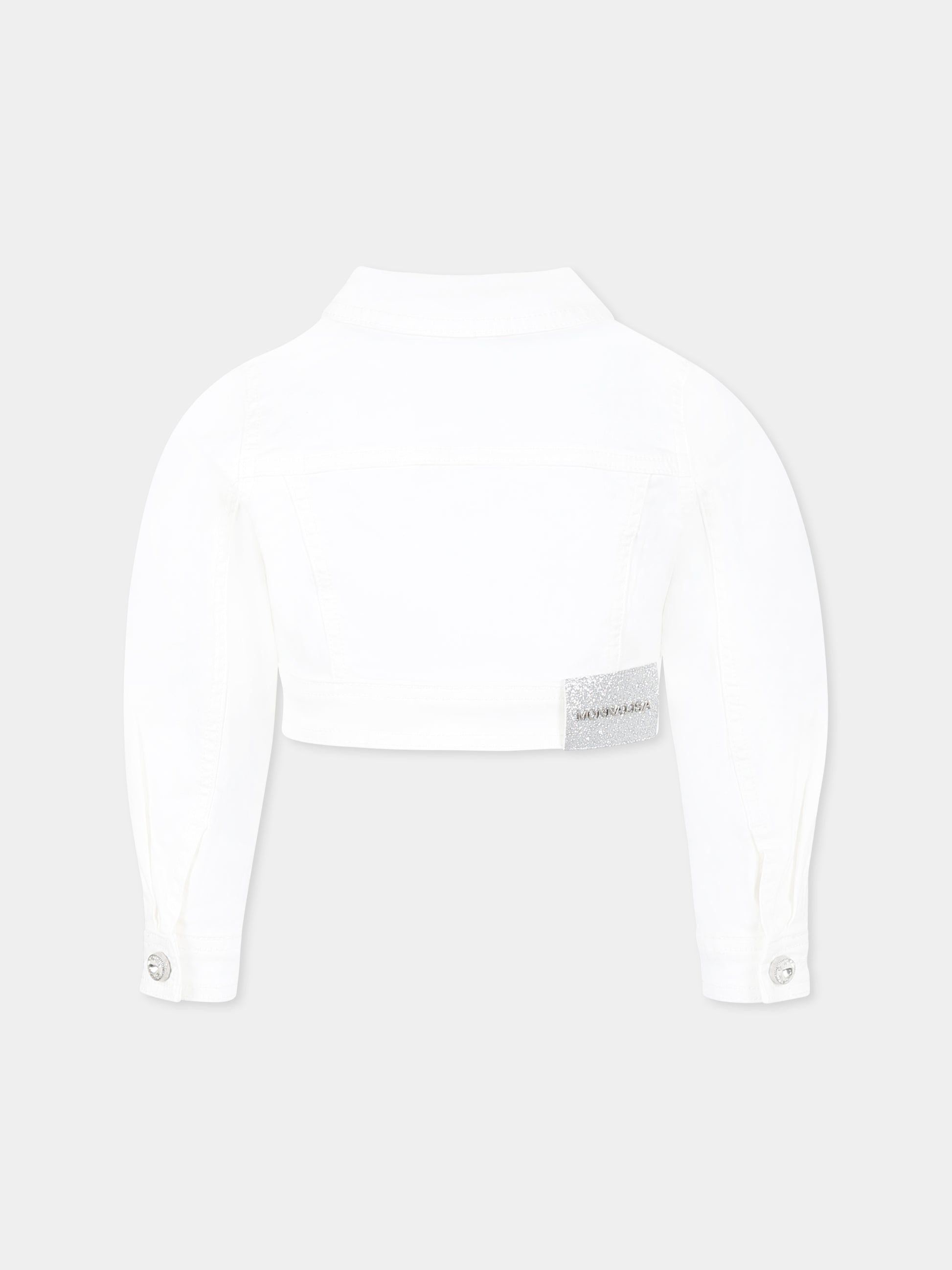 Giubbotto di jeans crop bianco per bambina con cristalli,Monnalisa,79E101 5021 0001