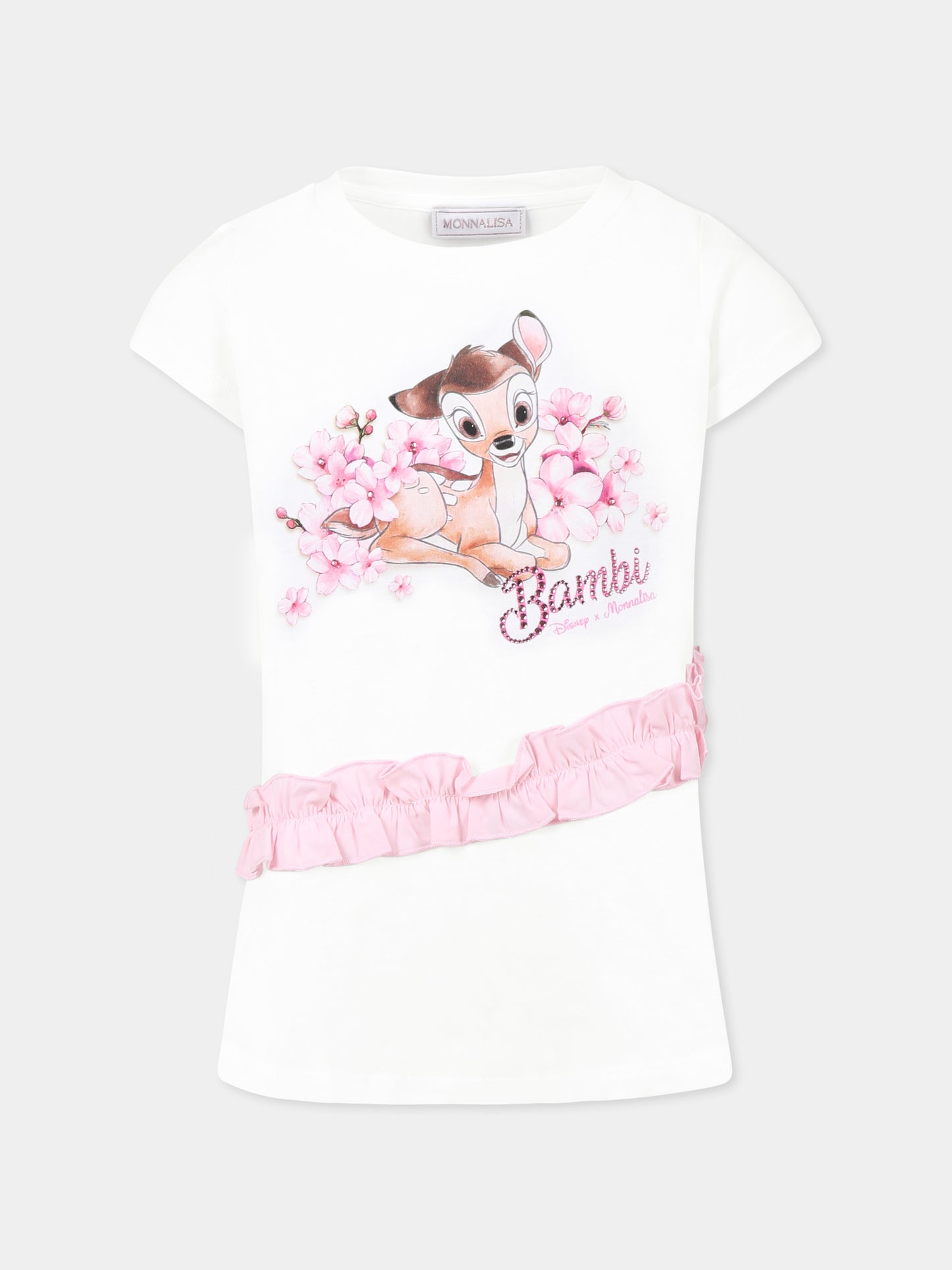 T-shirt bianca per bambina con Bambi e stampa floreale,Monnalisa,19E606 5002 9990