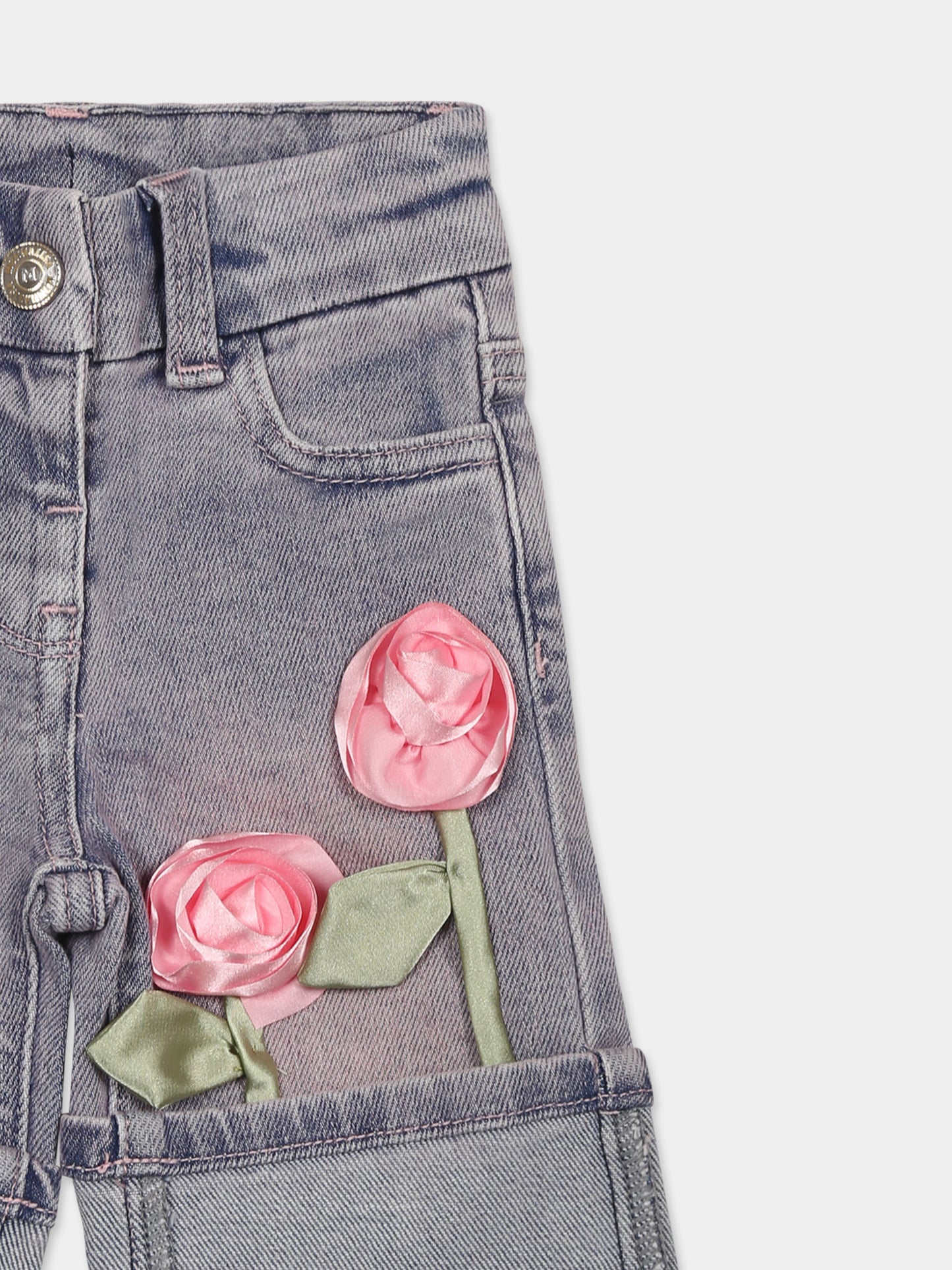 Jeans denim per neonata con rose,Monnalisa,39E400 5020 6290