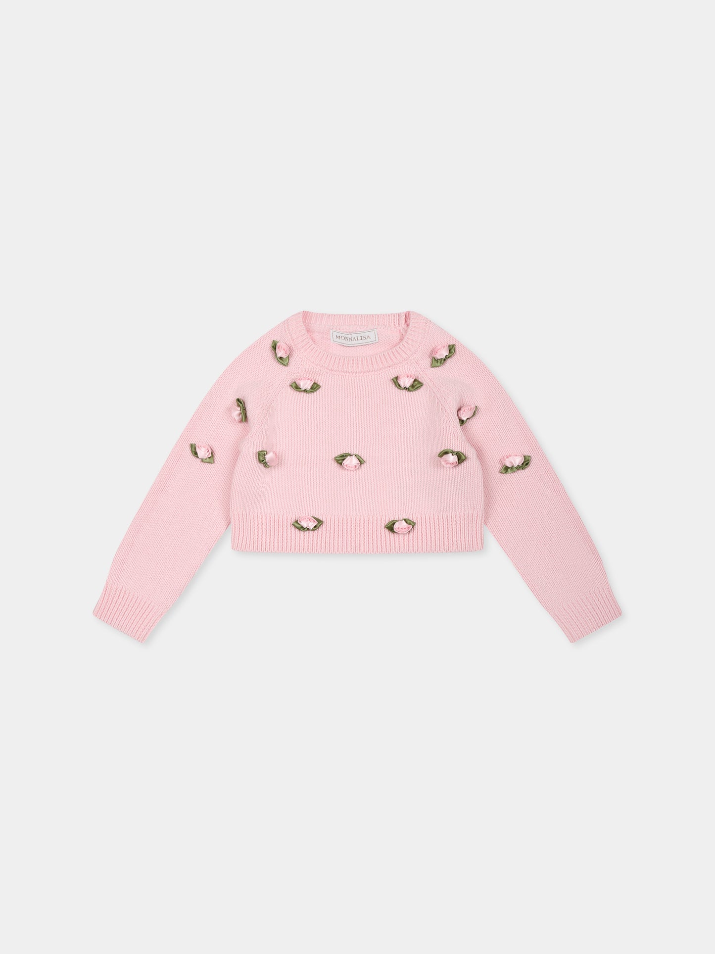Maglione rosa per neonata con roselline,Monnalisa,39E606 5061 0090