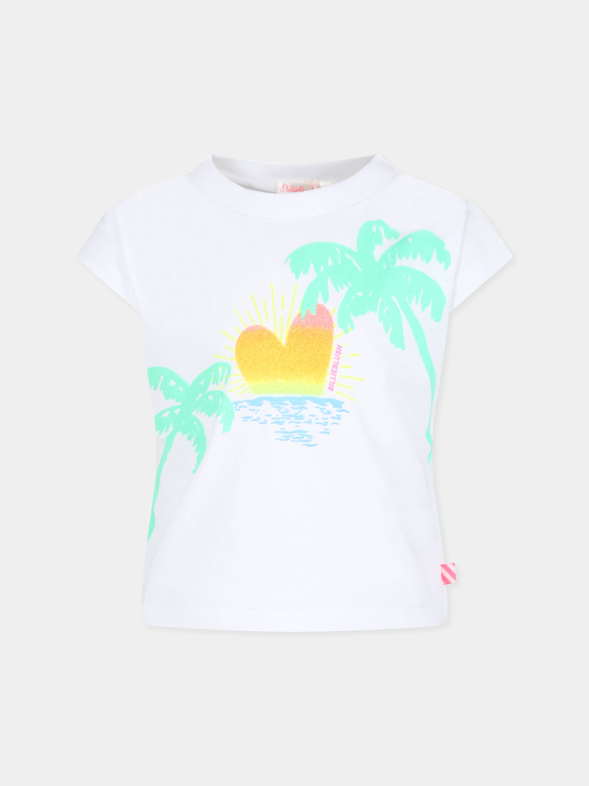 T-shirt bianca per bambina con stampa cuore e palme,Billieblush,U15B05 10P