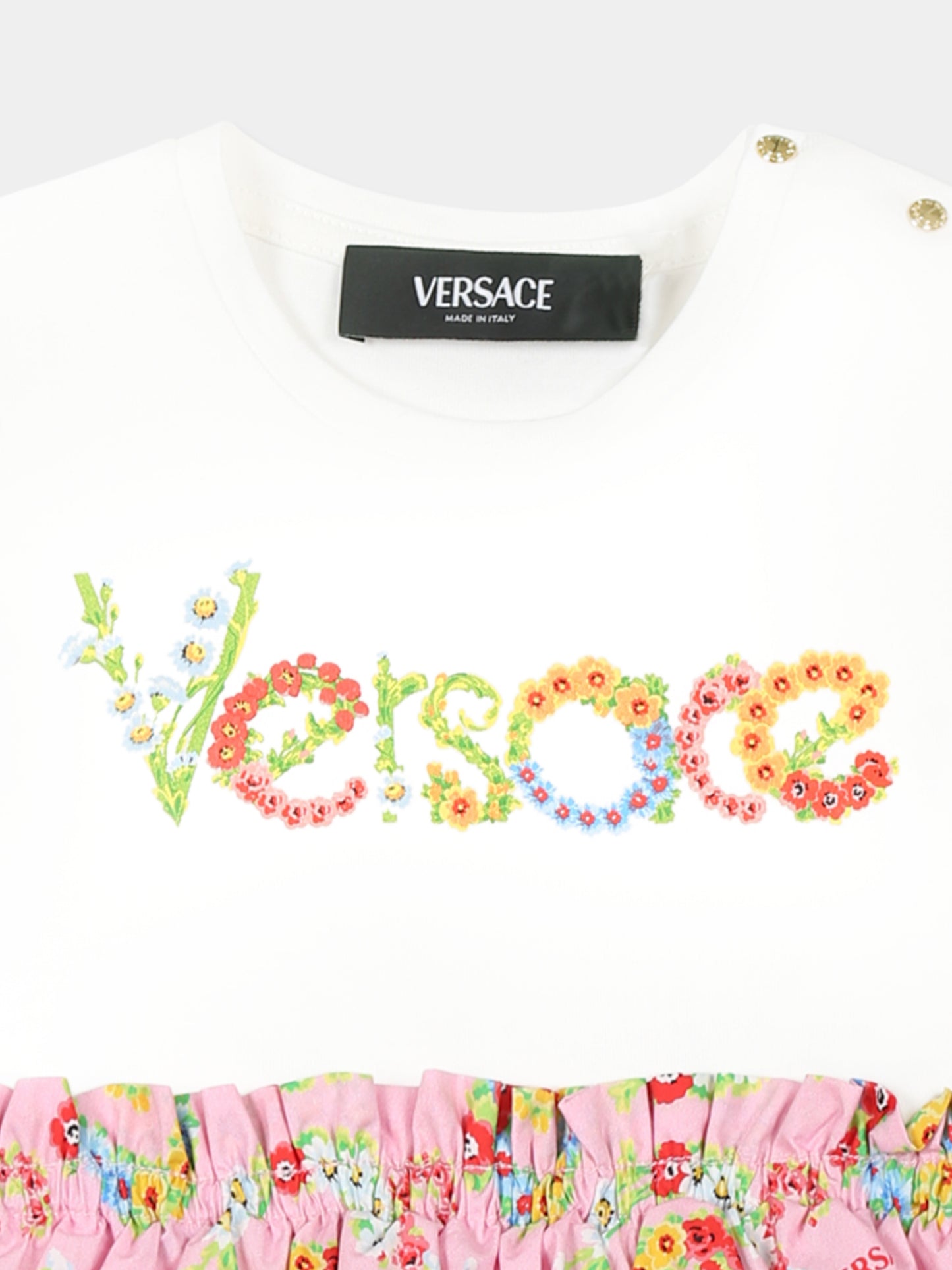 Vestito multicolor per neonata con logo e vortici floreali,Versace,1018539 1A13224 6W510