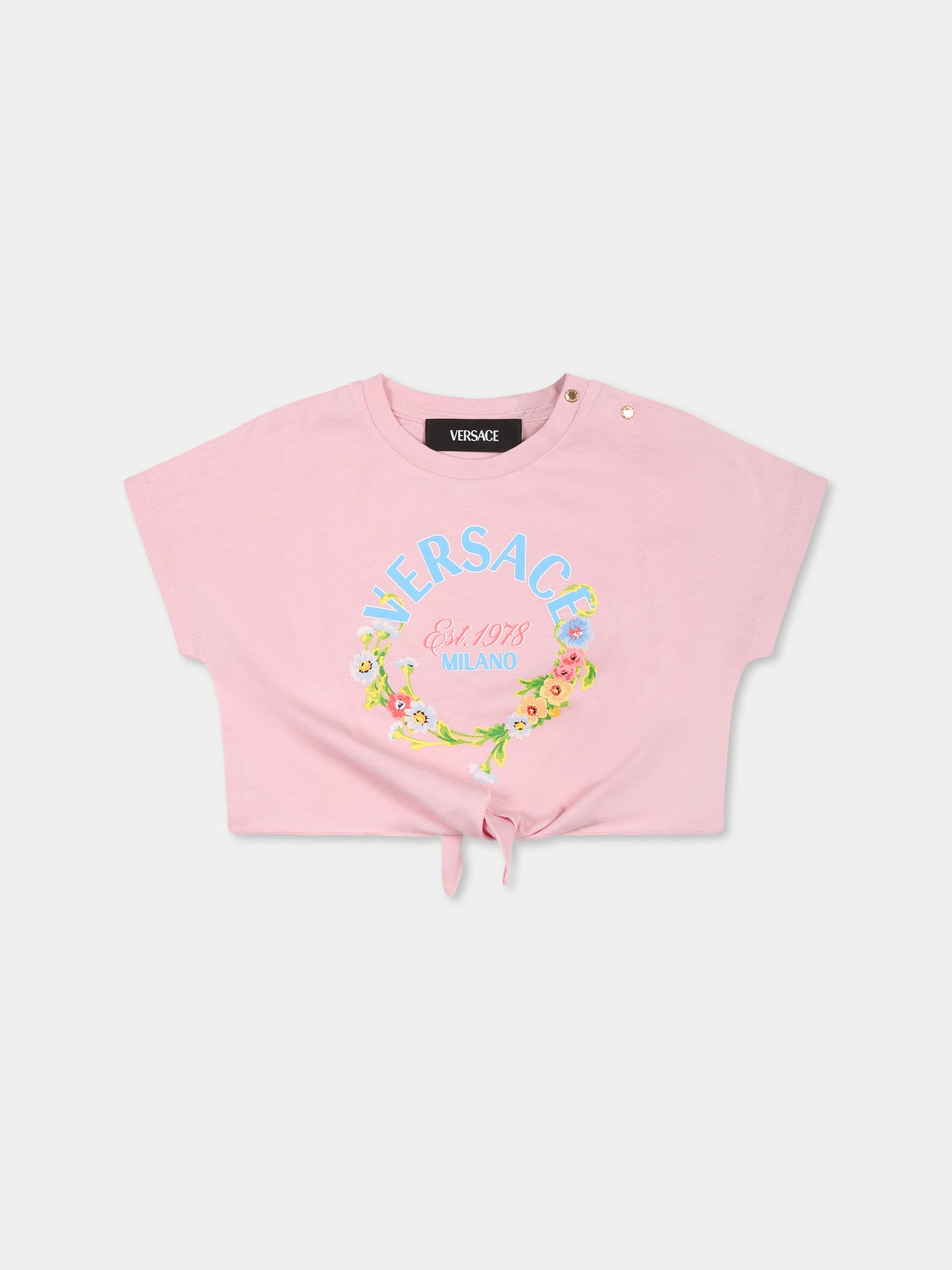 T-shirt crop rosa per neonata con logo floreale