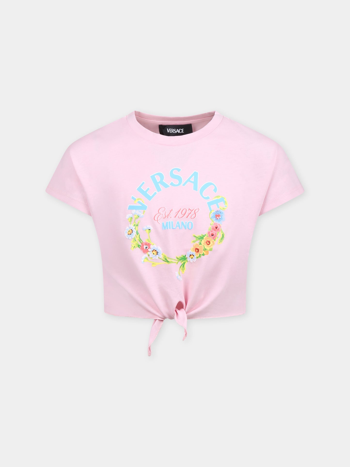 T-shirt crop rosa per bambina con logo floreale