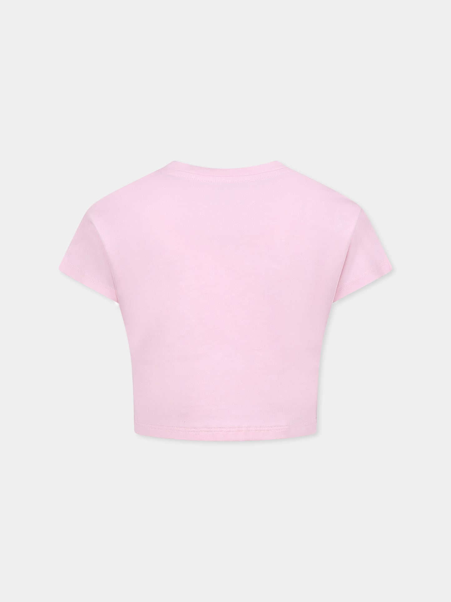 T-shirt crop rosa per bambina con logo floreale