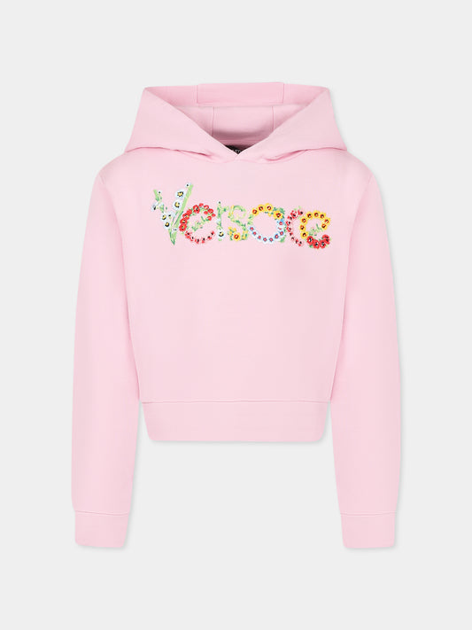 Felpa rosa per bambina con logo floreale