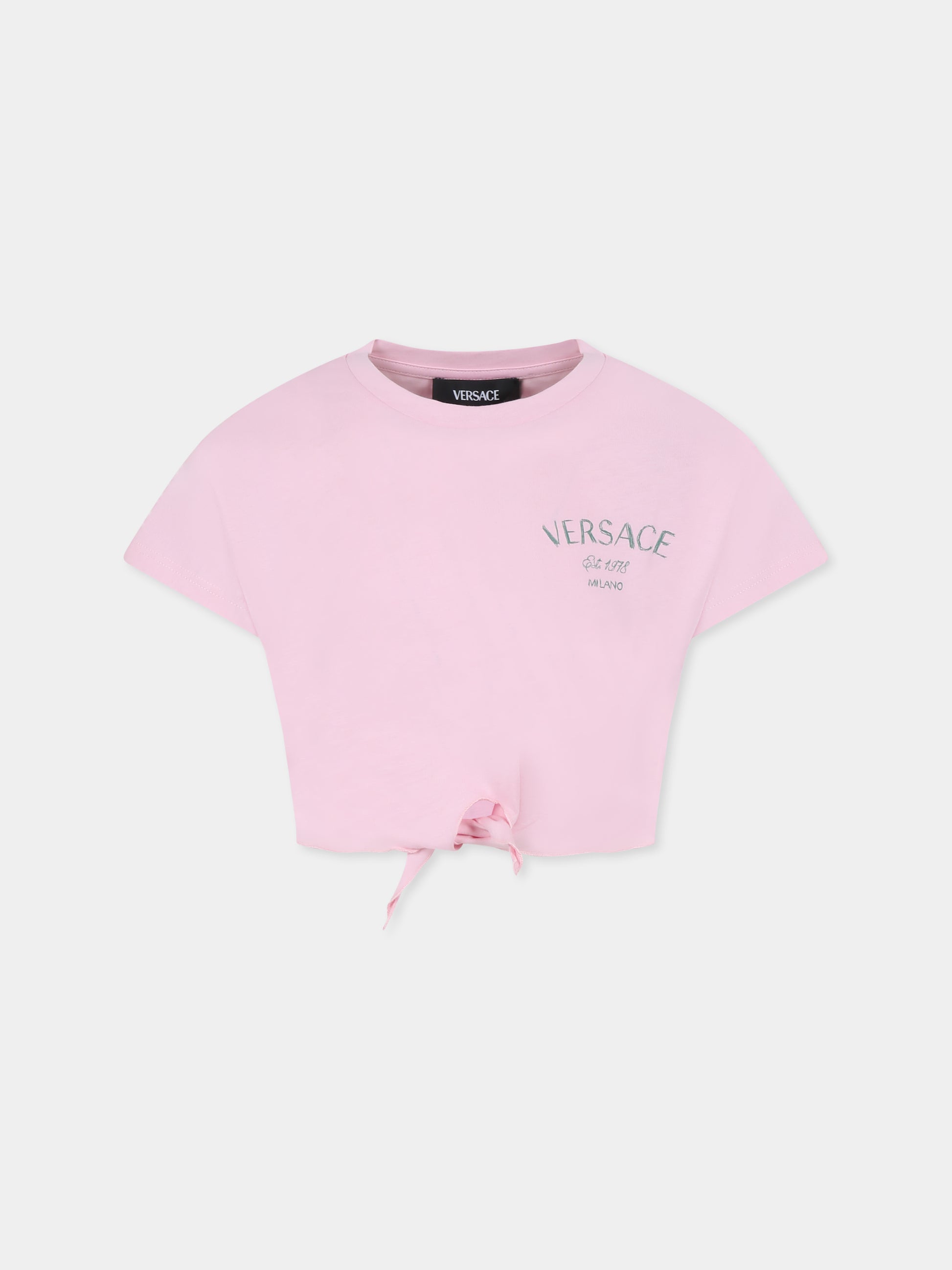 T-shirt crop rosa per bambina con logo e Medusa,Versace,1018184 1A13083 2PX10