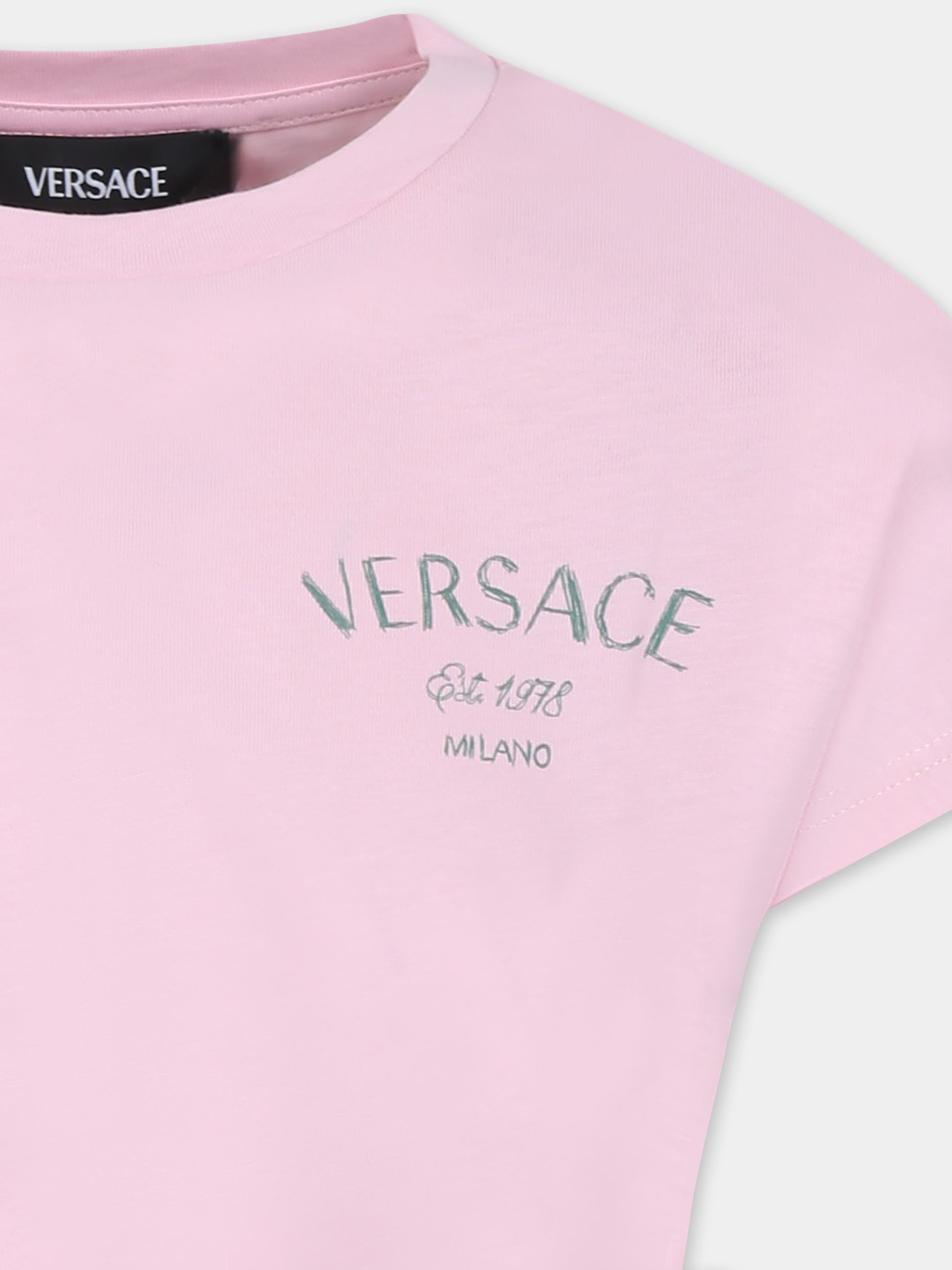 T-shirt crop rosa per bambina con logo e Medusa,Versace,1018184 1A13083 2PX10