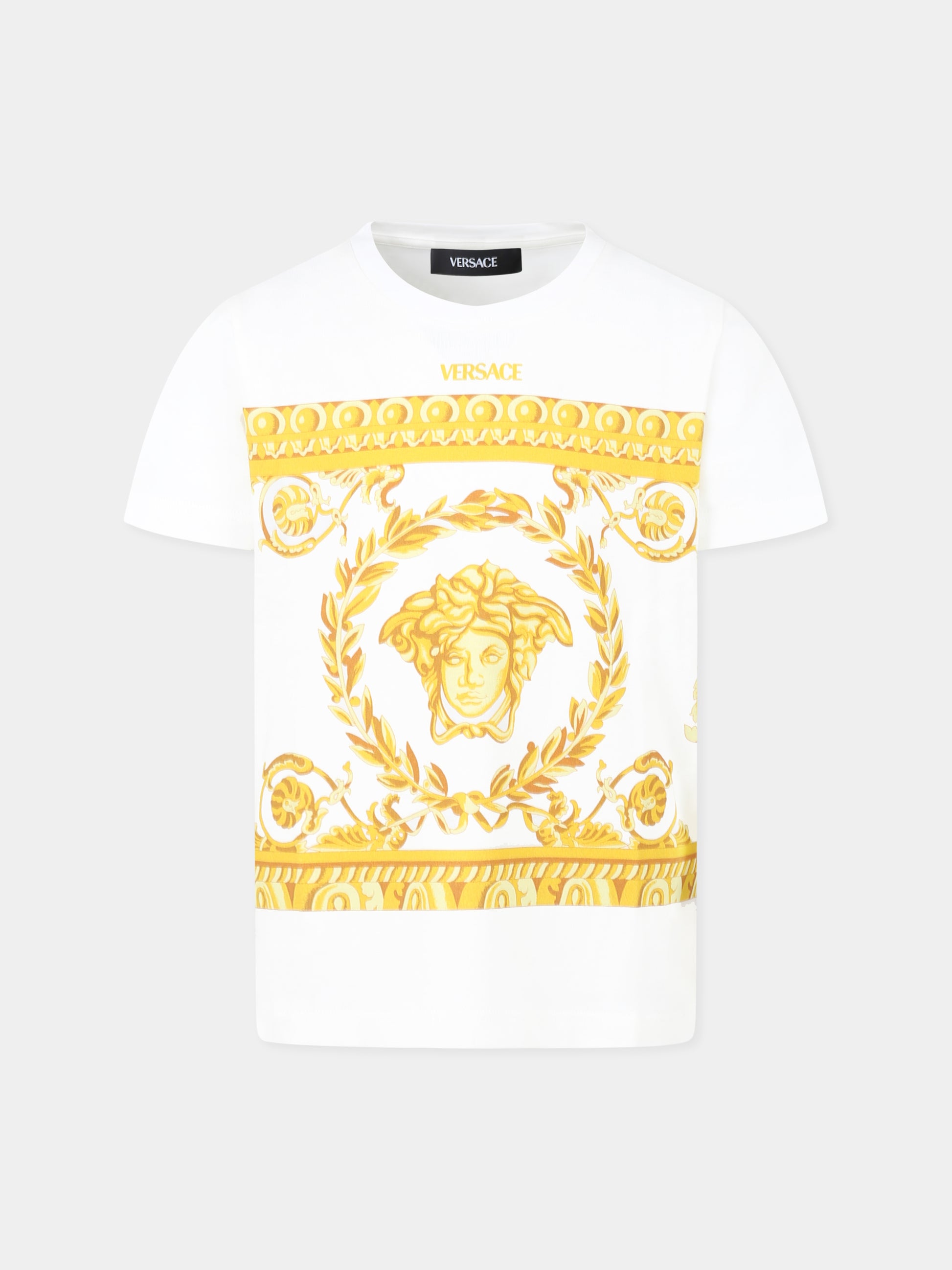 T-shirt bianca per bambino con logo Versace e Medusa,Versace,1018342 1A13183 2W110