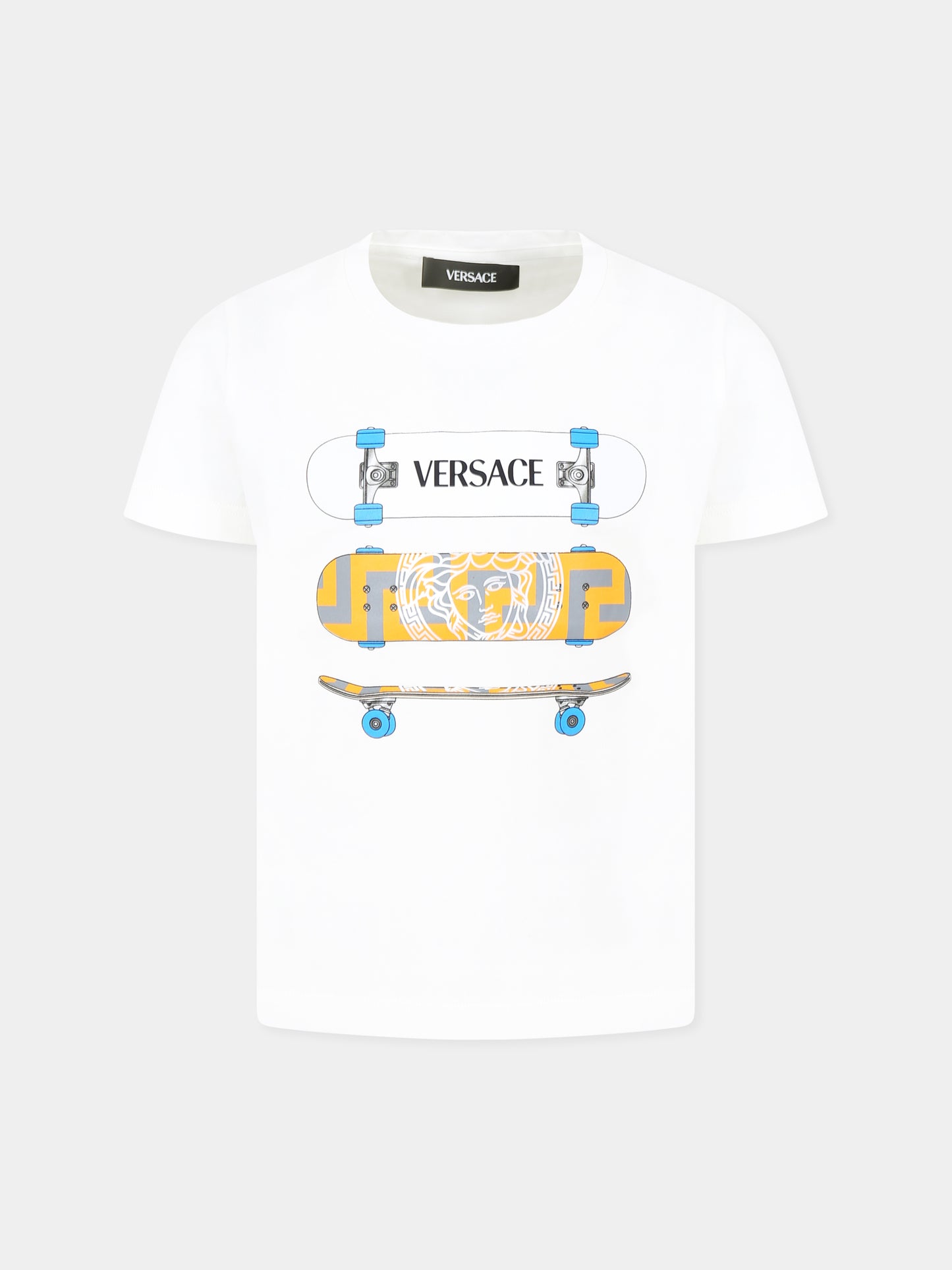 T-shirt bianca per bambino con logo Versace e skateboard,Versace,1018560 1A13231 2W070