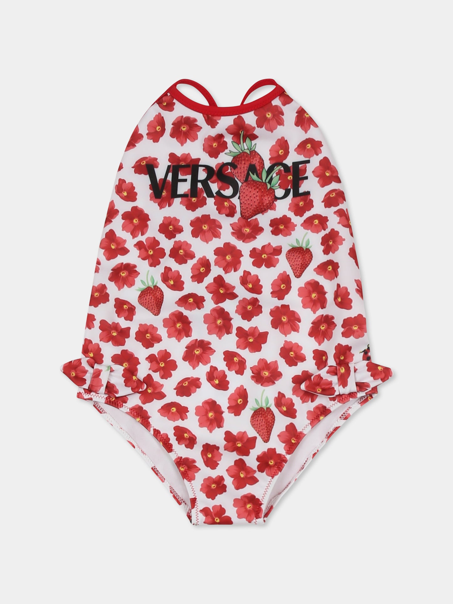 Costume rosso per neonata con logo e fragole,Versace,1018709 1A13286 5W690