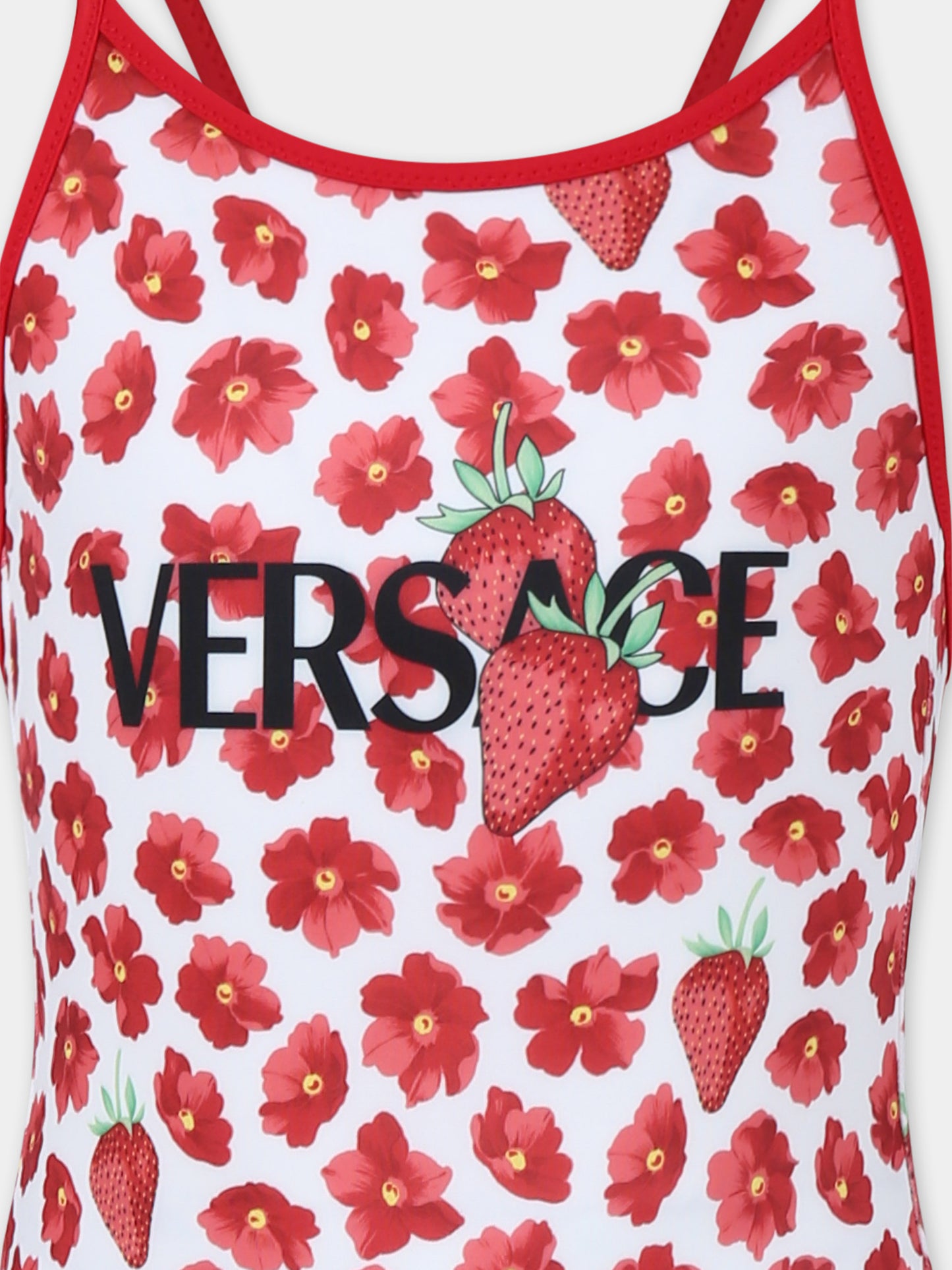 Costume rosso per bambina con logo e fragole,Versace,1018709 1A13286 5W690