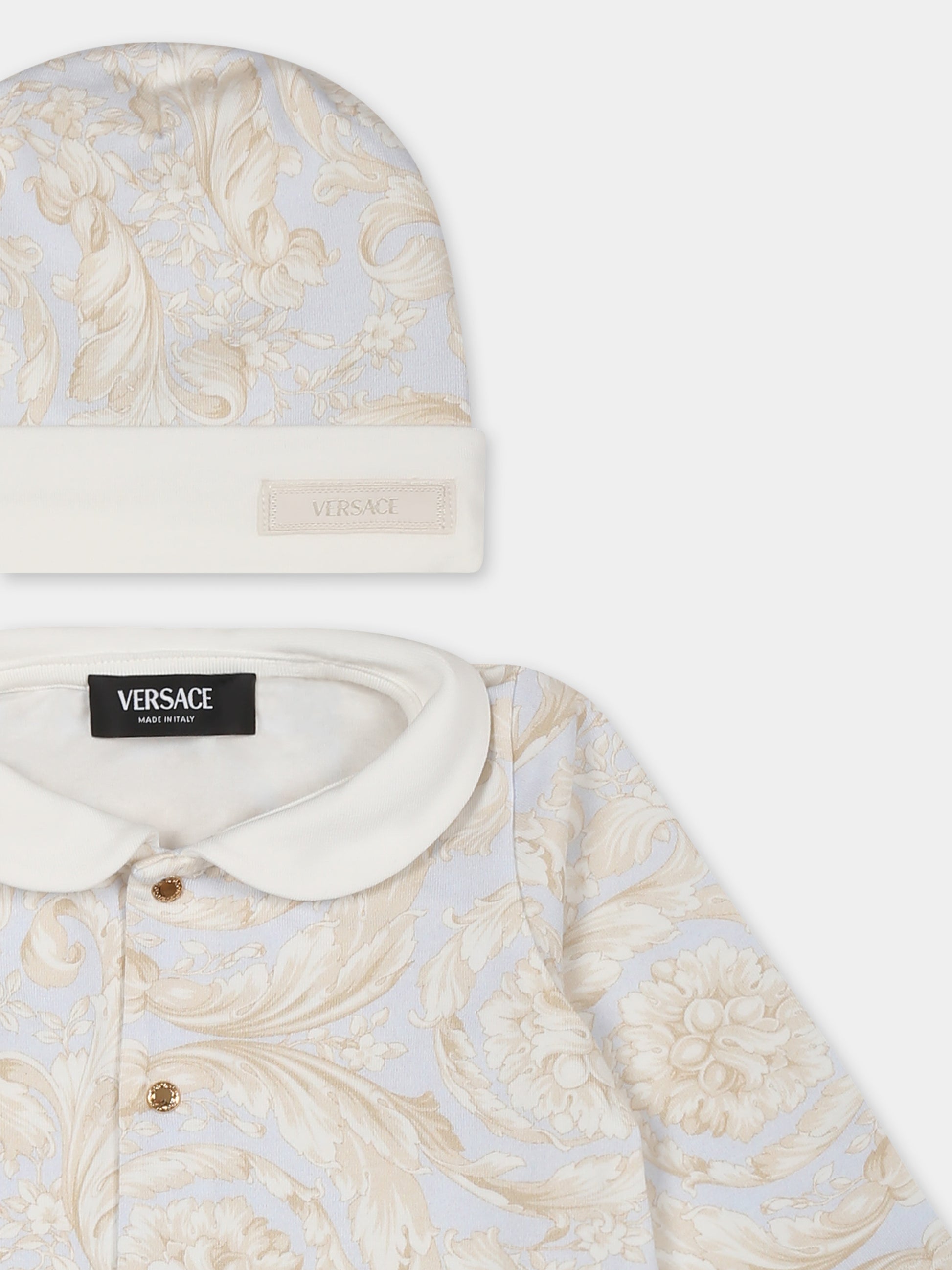 Set tutina celeste per neonato con stampa barocco,Versace,1017975 1A11233 2VH90