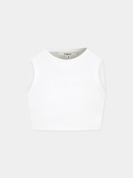 Top crop bianco per bambina con logo