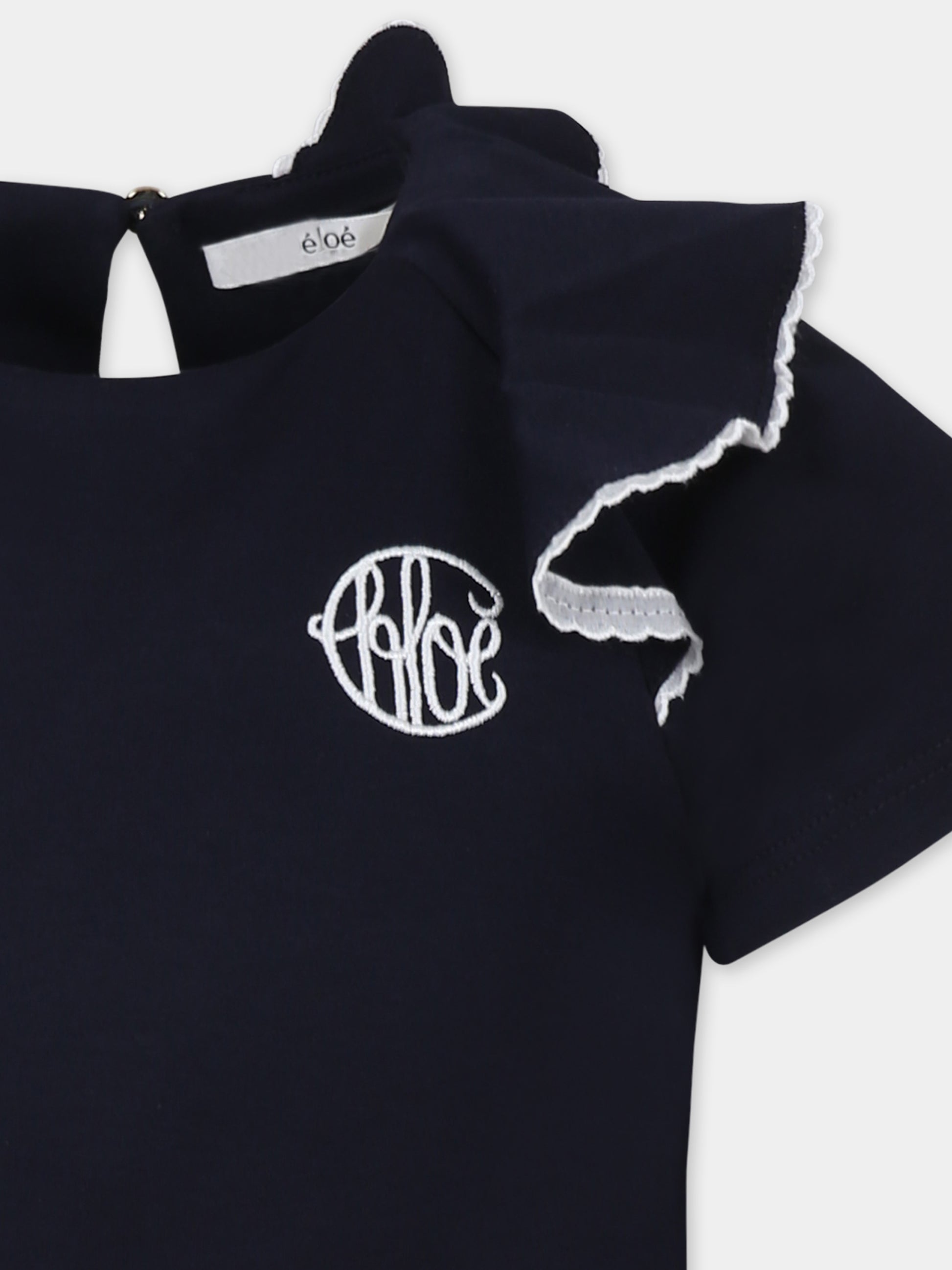 T-shirt blu per bambina con logo bianco ricamato,Chloé Kids,C20491 859