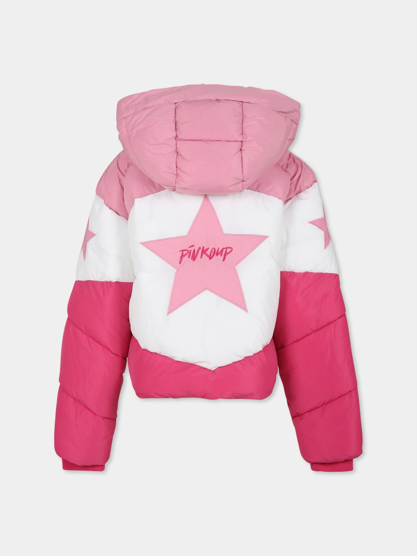 Piumino crop rosa per bambina con logo e stelle,Pinko,031444 042/827