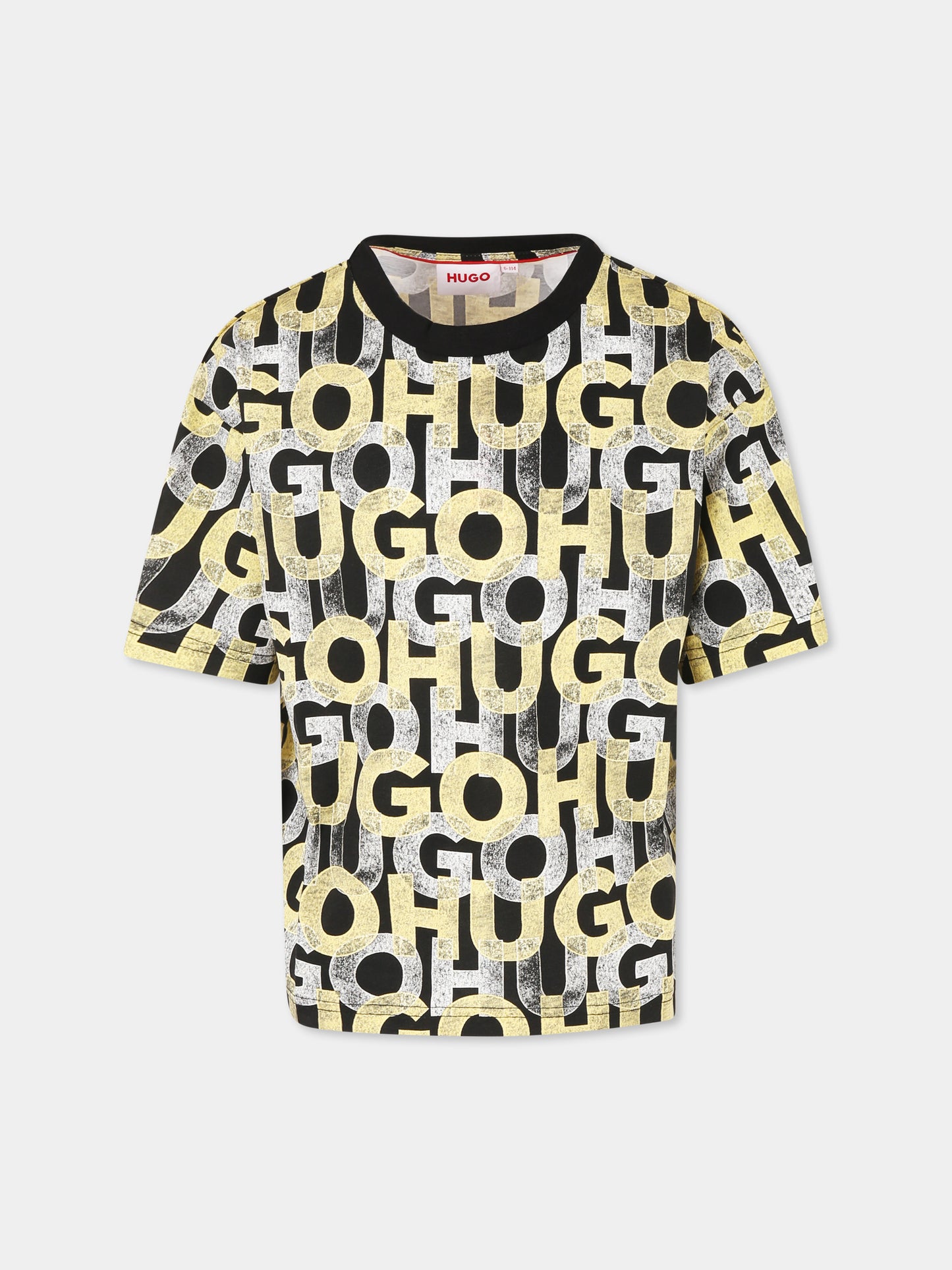 T-shirt nera per bambino con logo all over,Hugo,G00336 M55