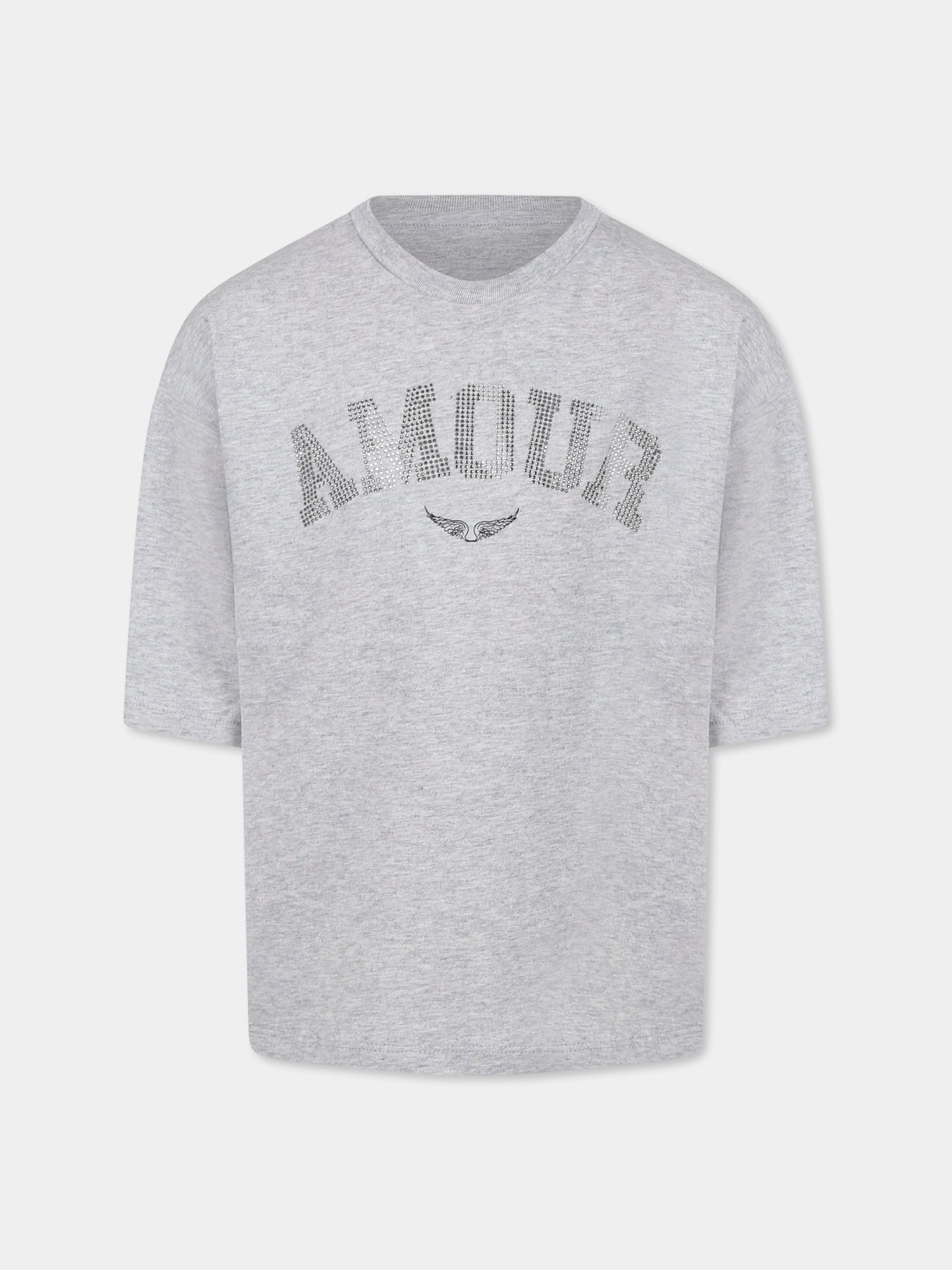 T-shirt grigia per bambina con scritta  Amour  in strass,Zadig & Voltaire Kids,X60319 A07