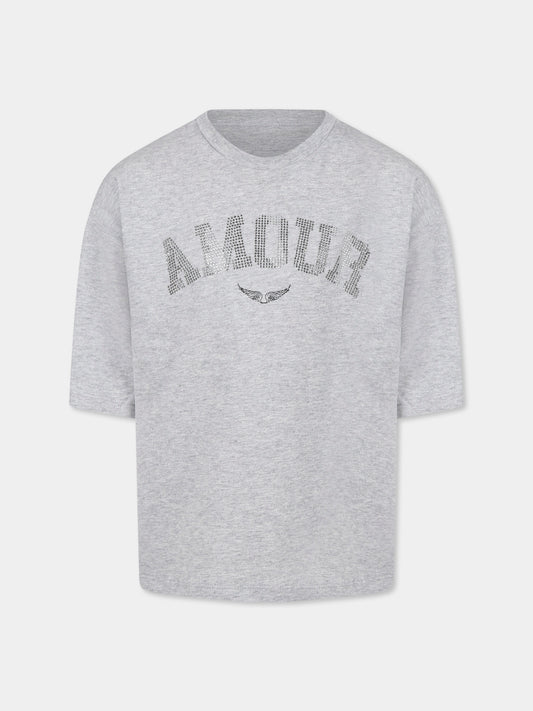 T-shirt grigia per bambina con scritta  Amour  in strass,Zadig & Voltaire Kids,X60319 A07