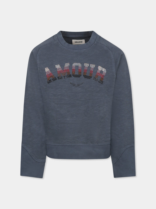 Felpa grigia per bambina con scritta e strass,Zadig & Voltaire Kids,X60323 033