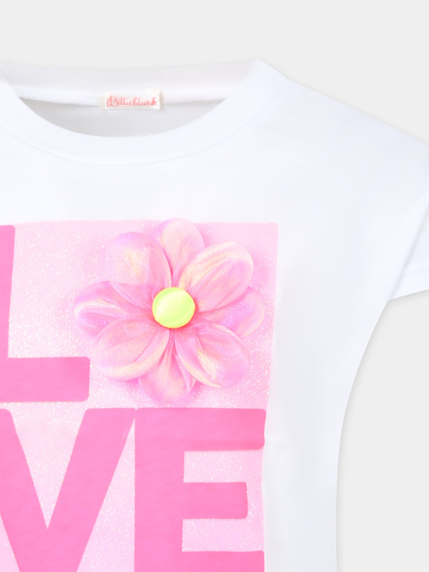 T-shirt bianca per bambina con scritta e fiore,Billieblush,U21124 10P