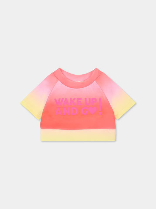 T-shirt multicolor crop per bambina con scritta fucsia