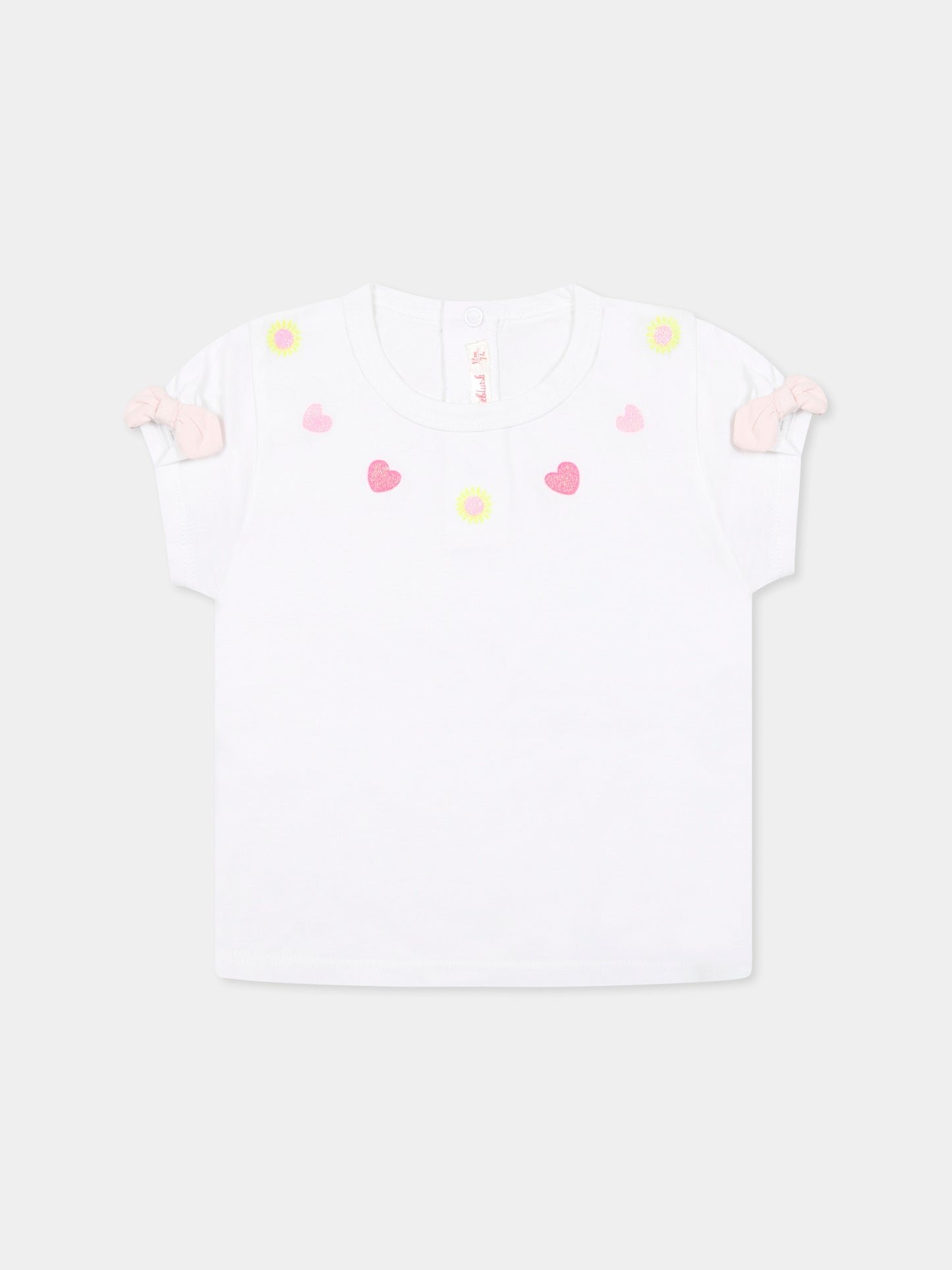 T-shirt bianca per neonata con cuori e fiori,Billieblush,U21105 10P