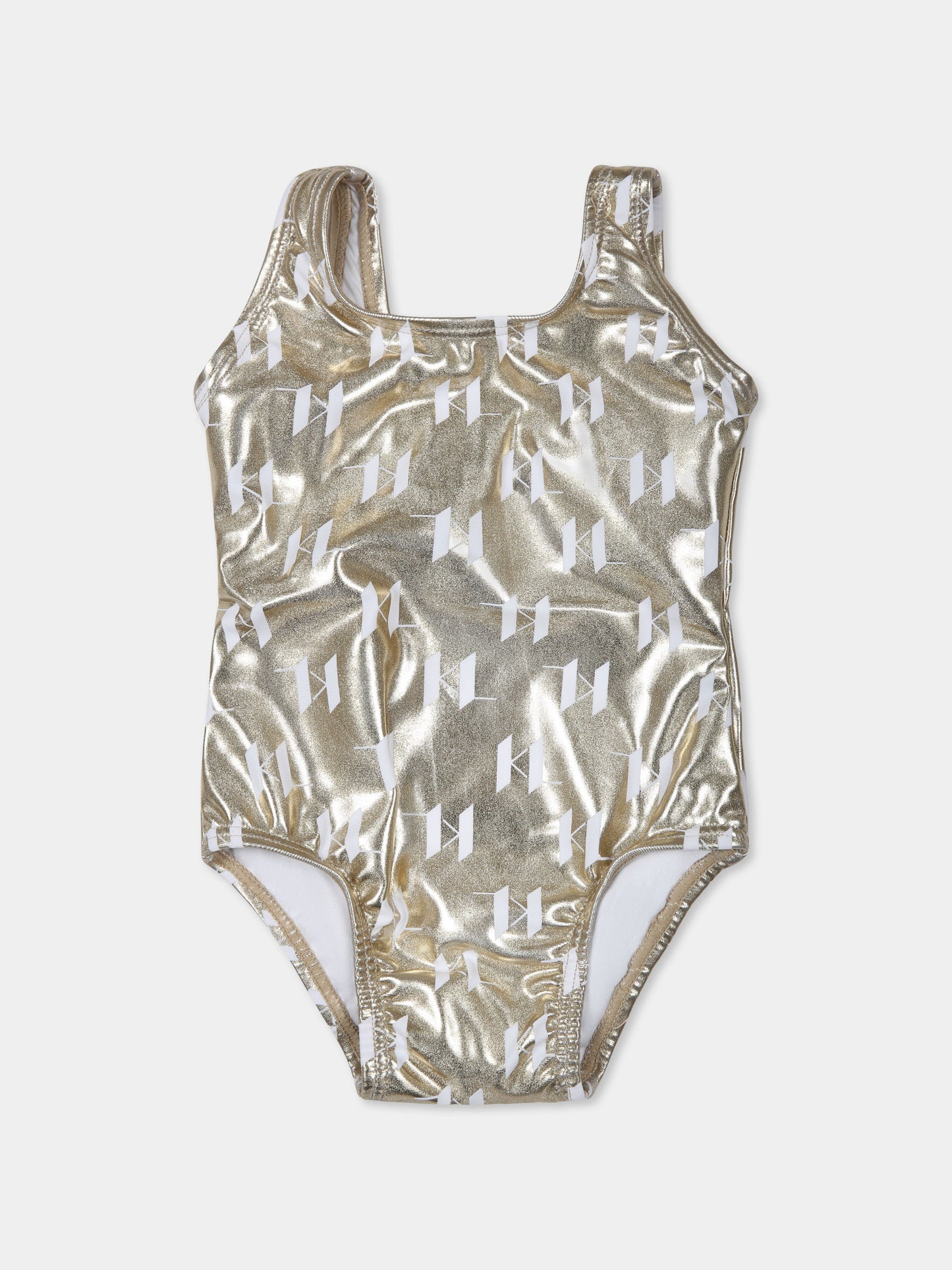 Costume intero oro per neonata con logo all over