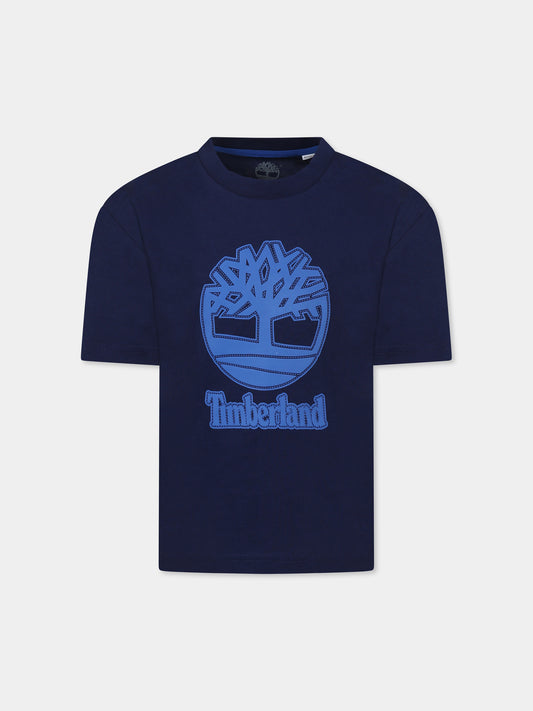 T-shirt blu per bambino con logo e albero
