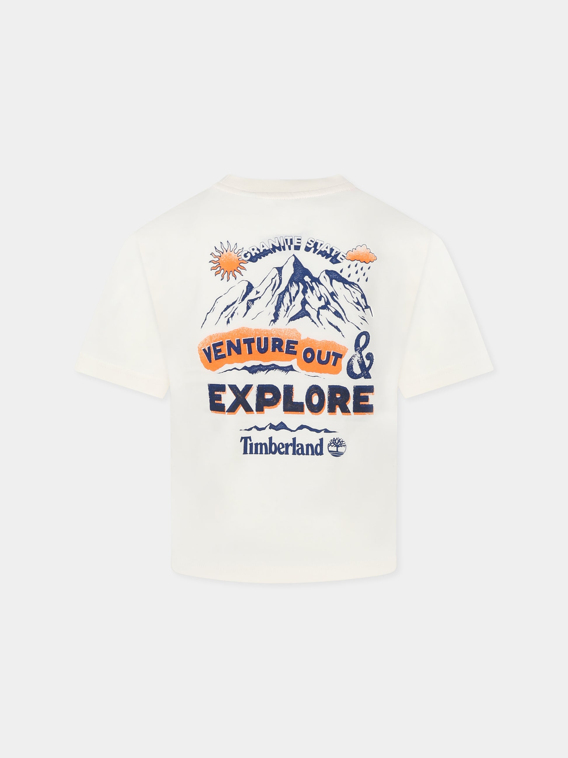 T-shirt avorio per bambino con logo e stampa paesaggio,Timberland,T60434 190