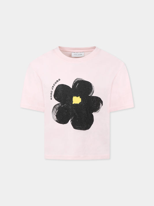 T-shirt rosa per bambina con fiore e logo