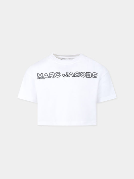 T-shirt crop bianca per bambina con logo e strass,Marc Jacobs,W60461 10P