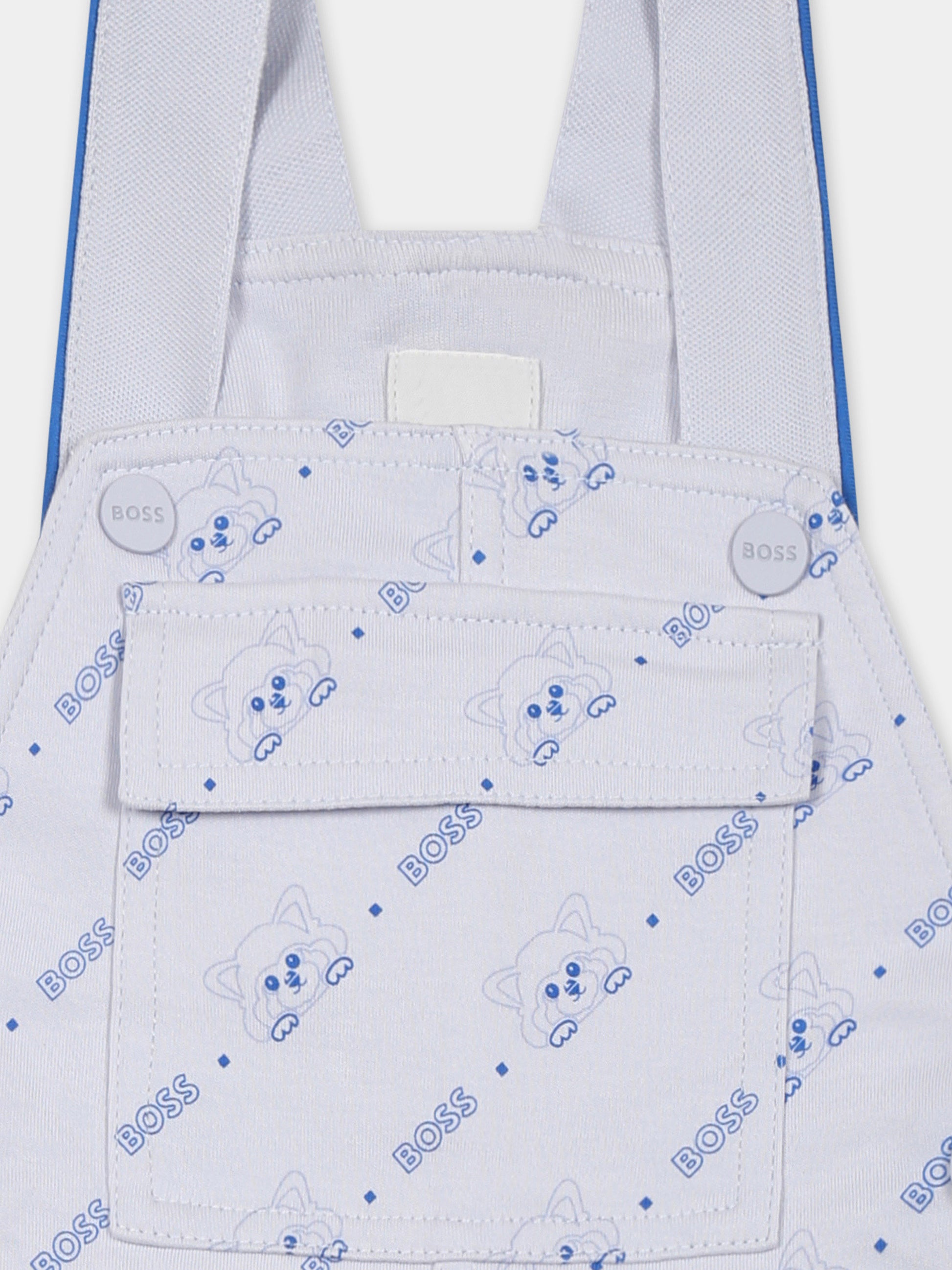 Salopette celeste per neonato con logo e panda all over,Boss,J52208 771