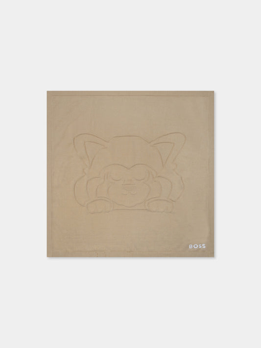 Coperta beige per neonato con panda e logo